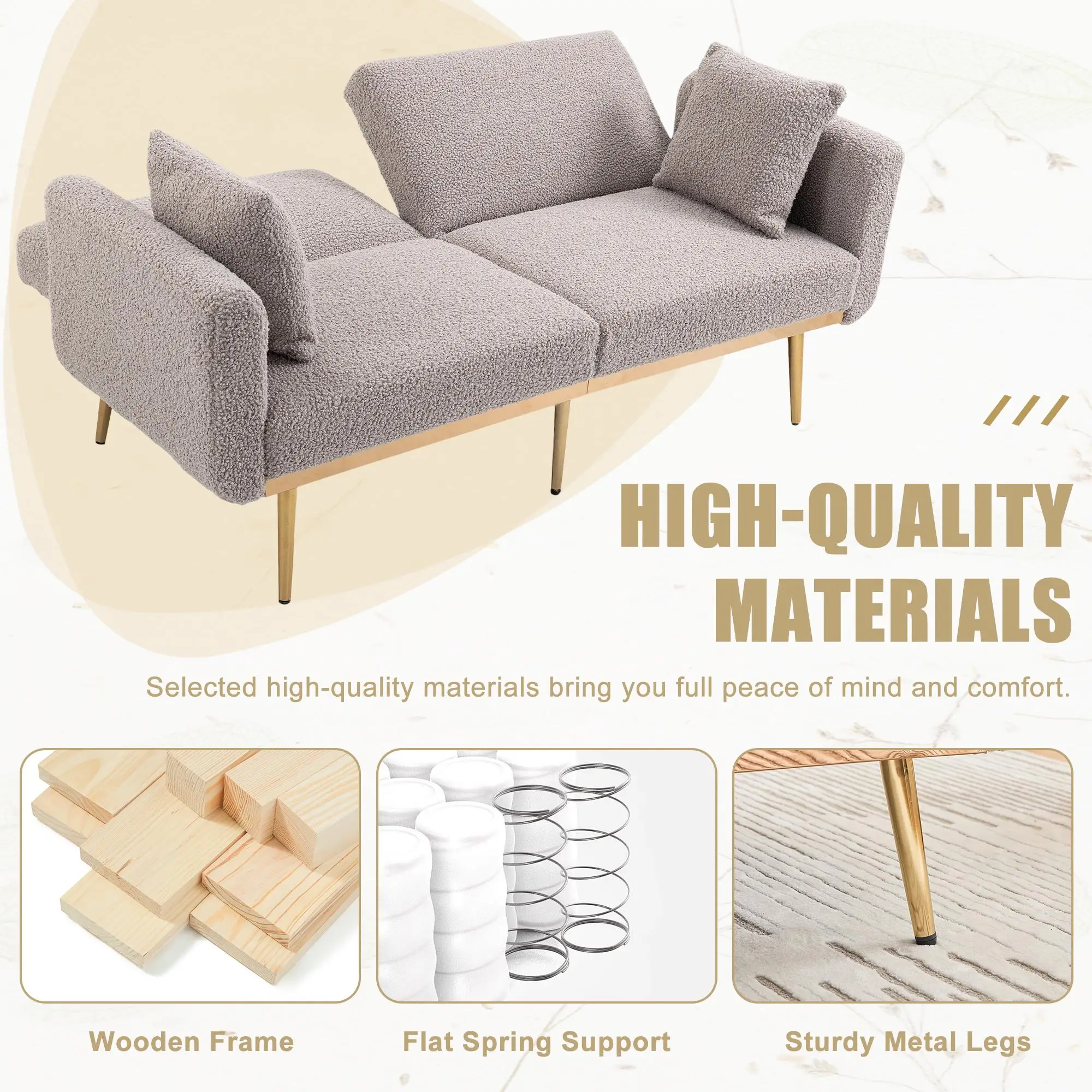 2 Seater Velvet Sofa 165 x 72.5 x 75cm, Grey Teddy - Grey Teddy - 6