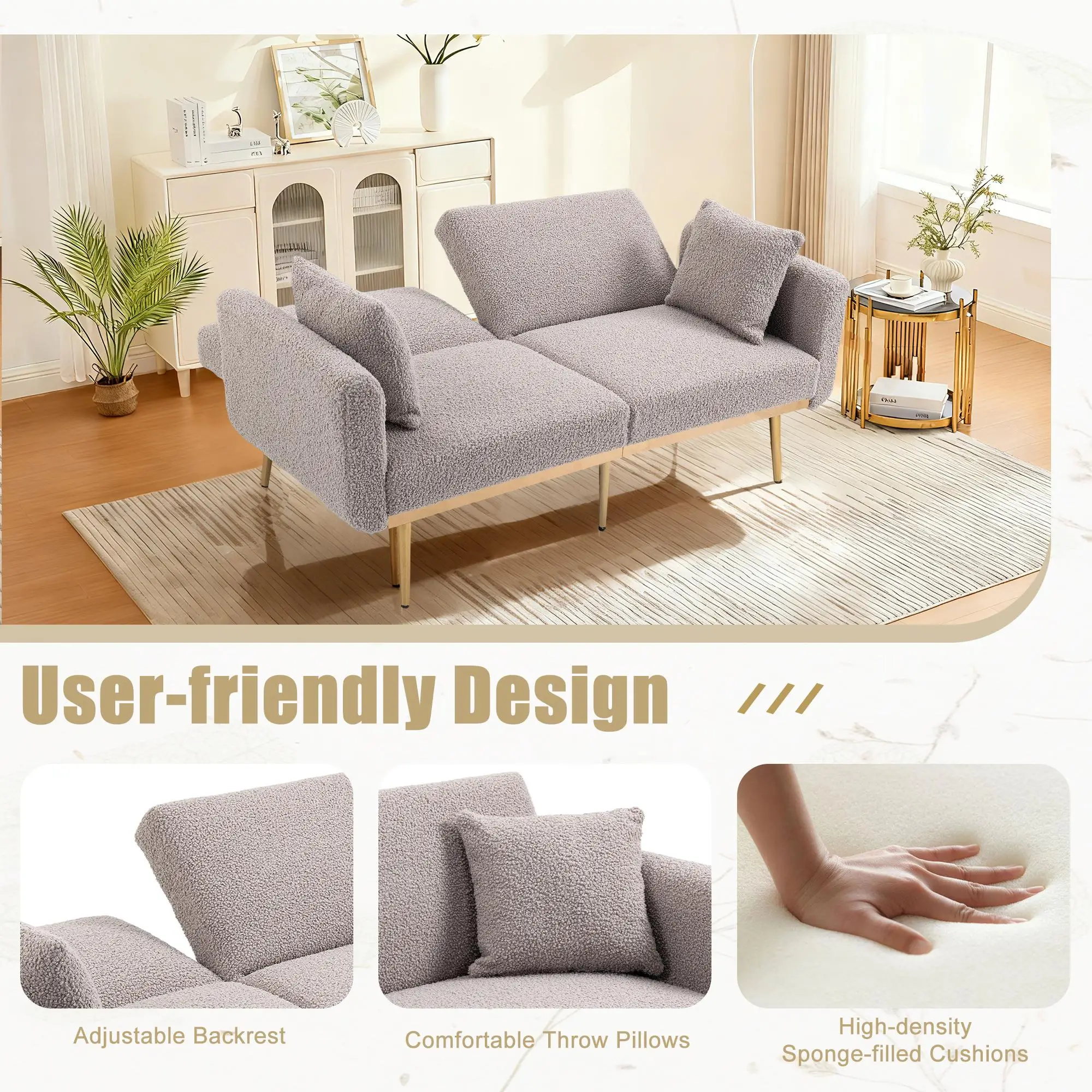 2 Seater Velvet Sofa 165 x 72.5 x 75cm, Grey Teddy - Grey Teddy - 7