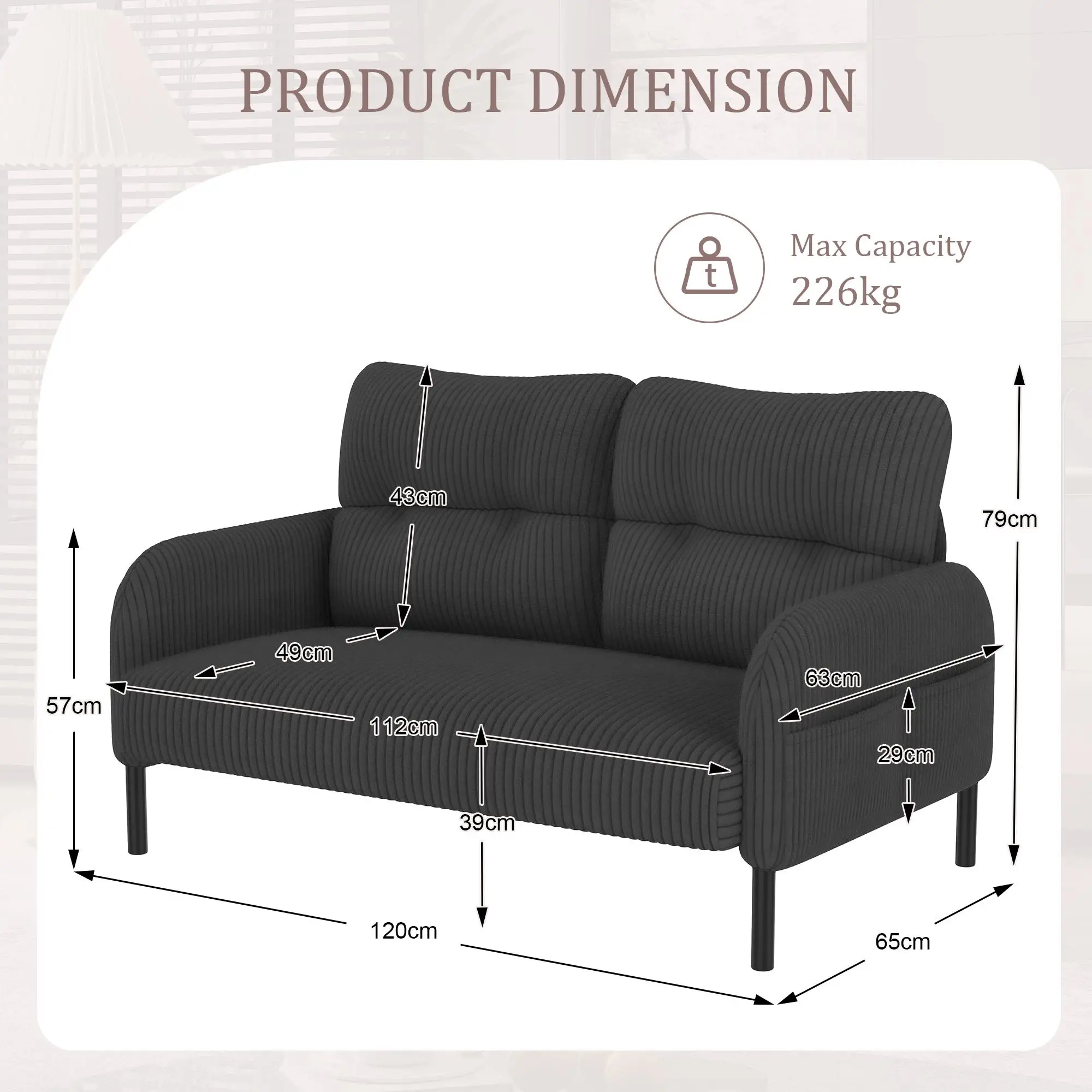 Corduroy Sofa 120 x 65 x 79cm, Grey - Grey - 3