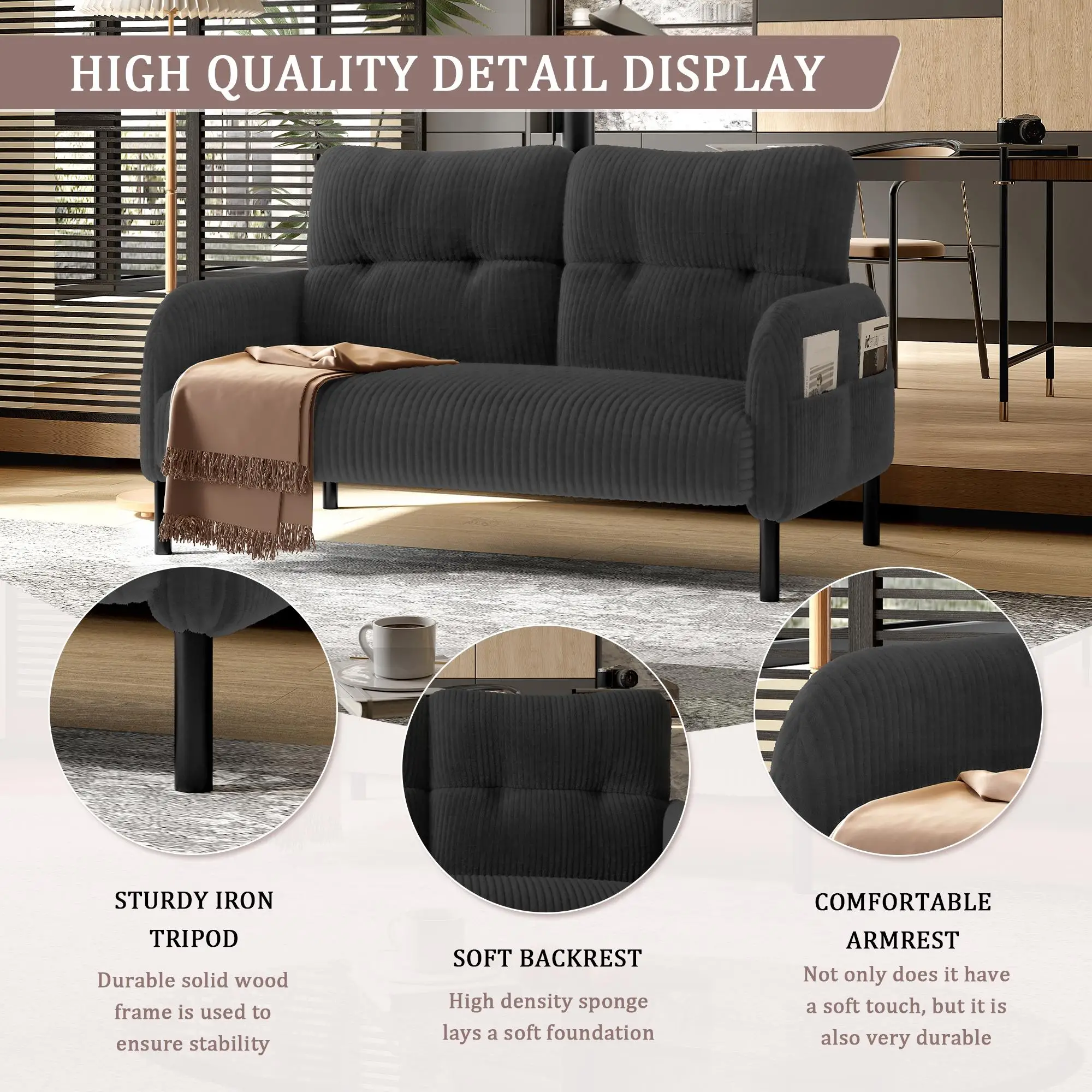 Corduroy Sofa 120 x 65 x 79cm, Grey - Grey - 4