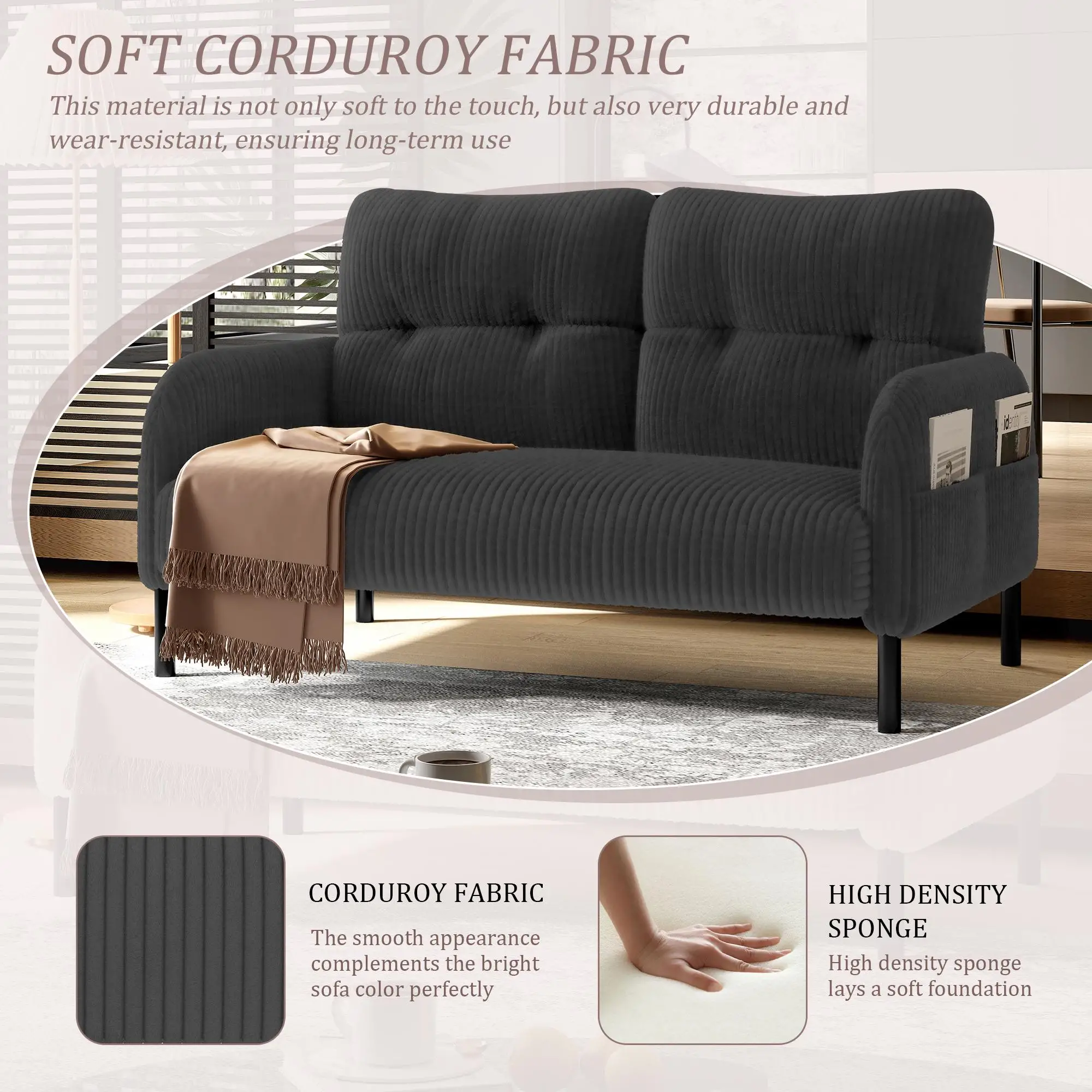 Corduroy Sofa 120 x 65 x 79cm, Grey - Grey - 5