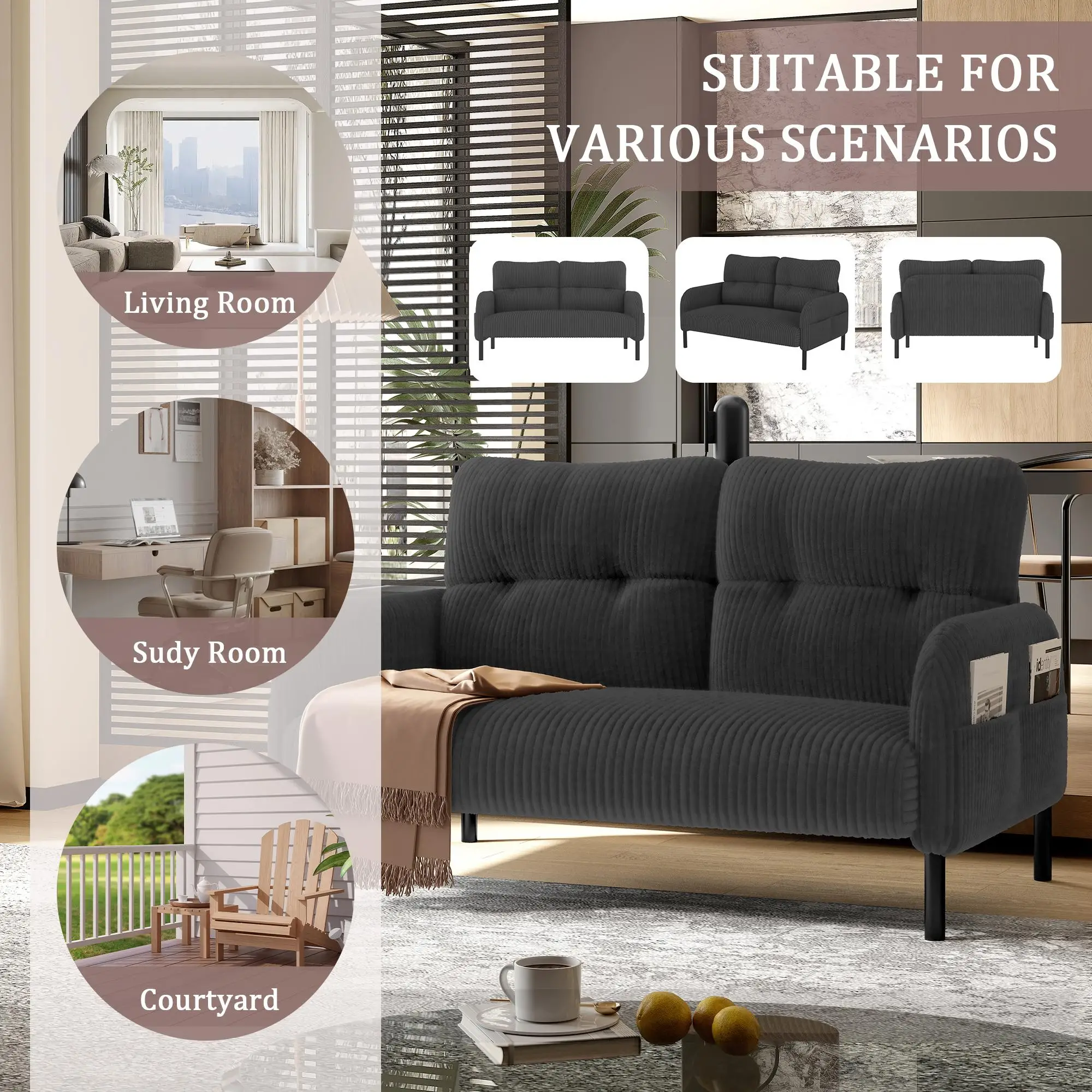 Corduroy Sofa 120 x 65 x 79cm, Grey - Grey - 6
