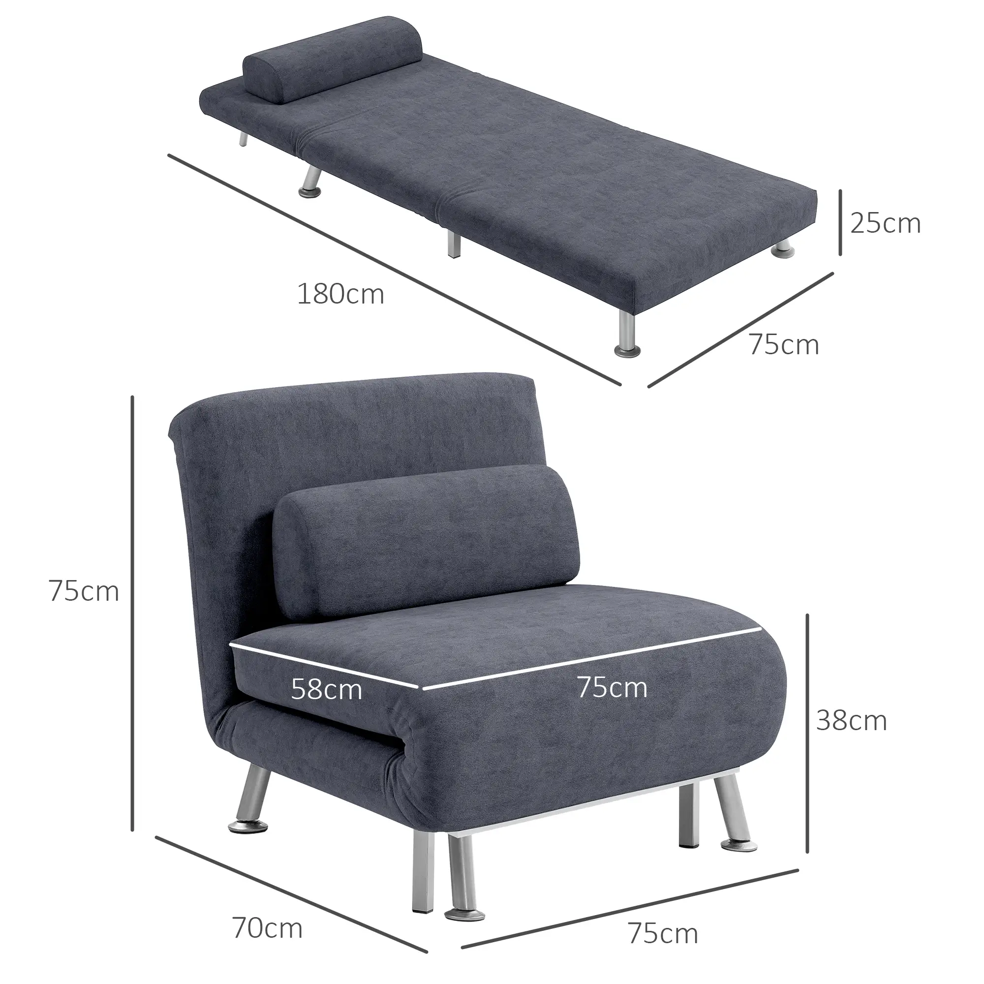 Velvet Sofa Bed 75 x 70 x 75cm - Charcoal Grey - 3