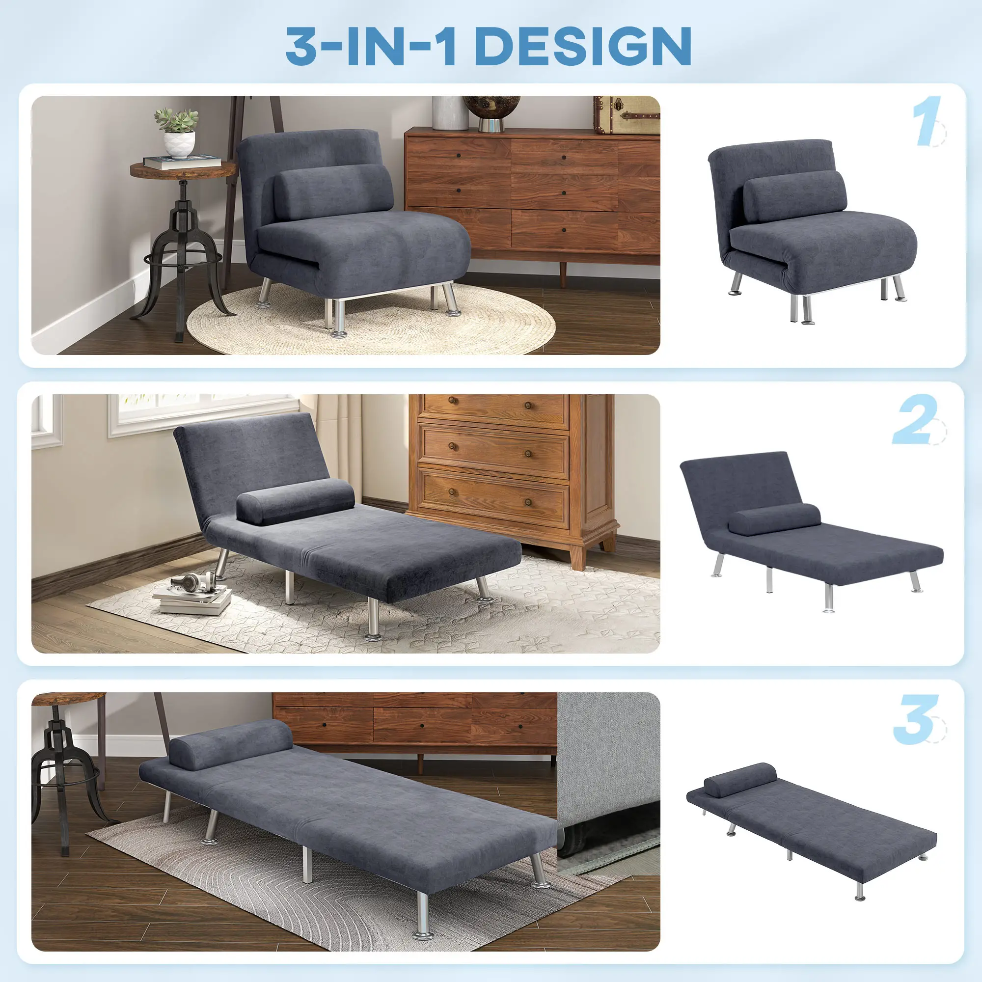 Velvet Sofa Bed 75 x 70 x 75cm - Charcoal Grey - 4