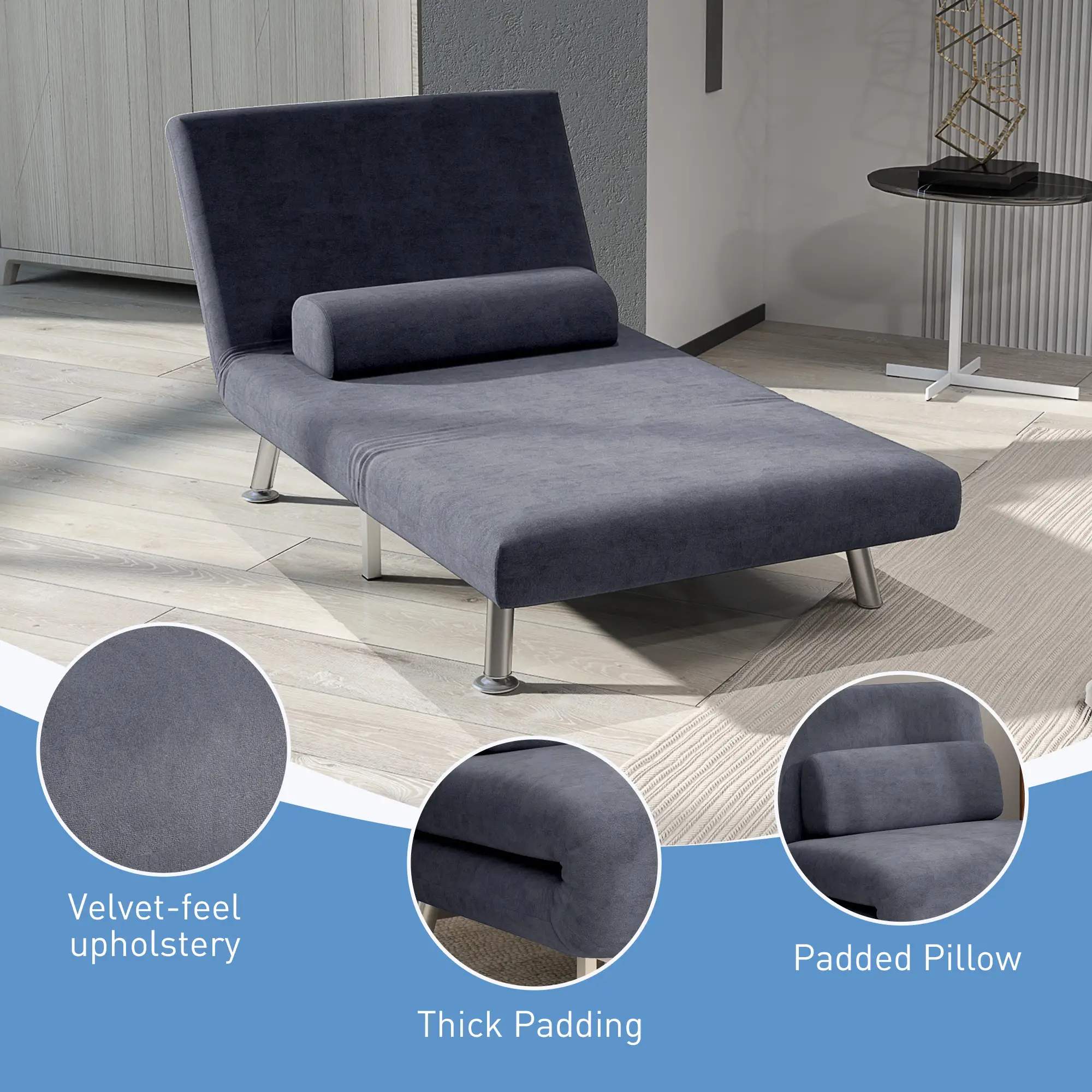 Velvet Sofa Bed 75 x 70 x 75cm - Charcoal Grey - 6