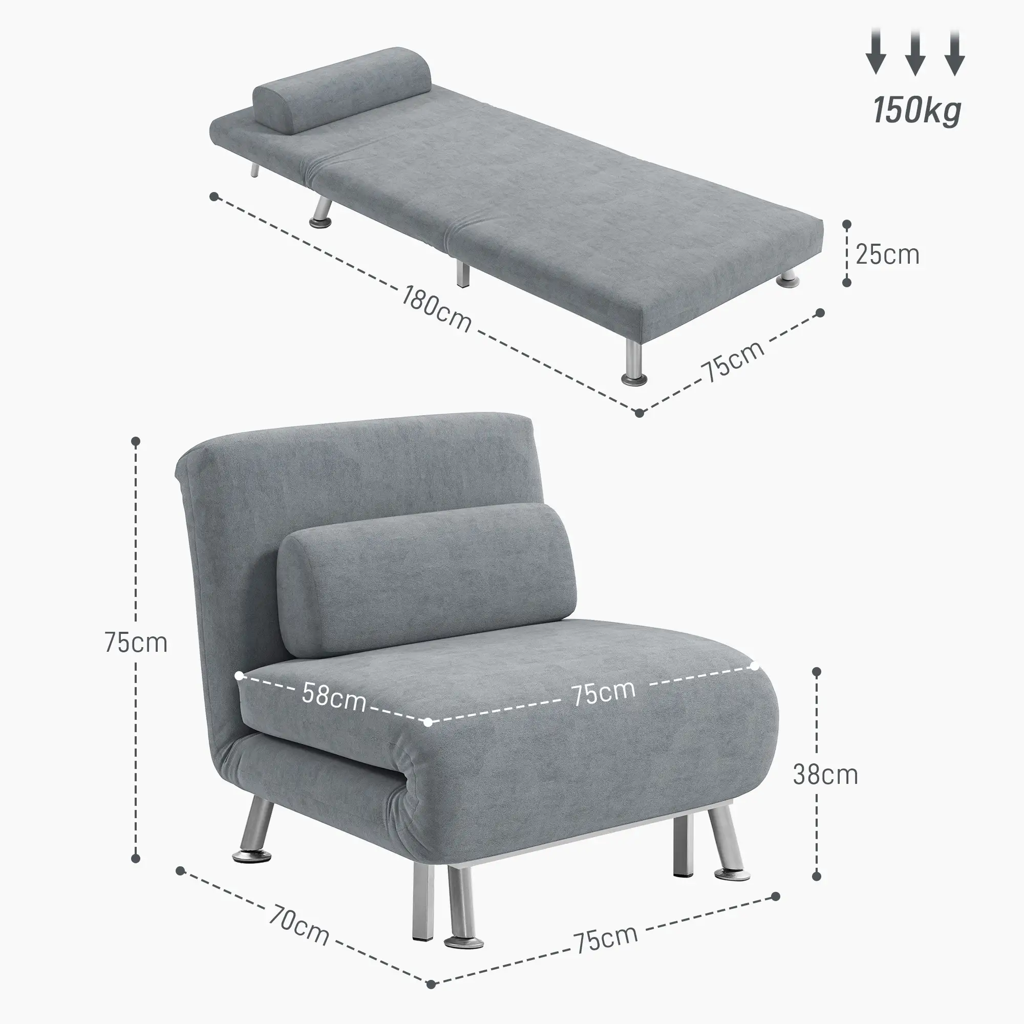 Velvet Sofa Bed 75 x 70 x 75cm - Grey - 3