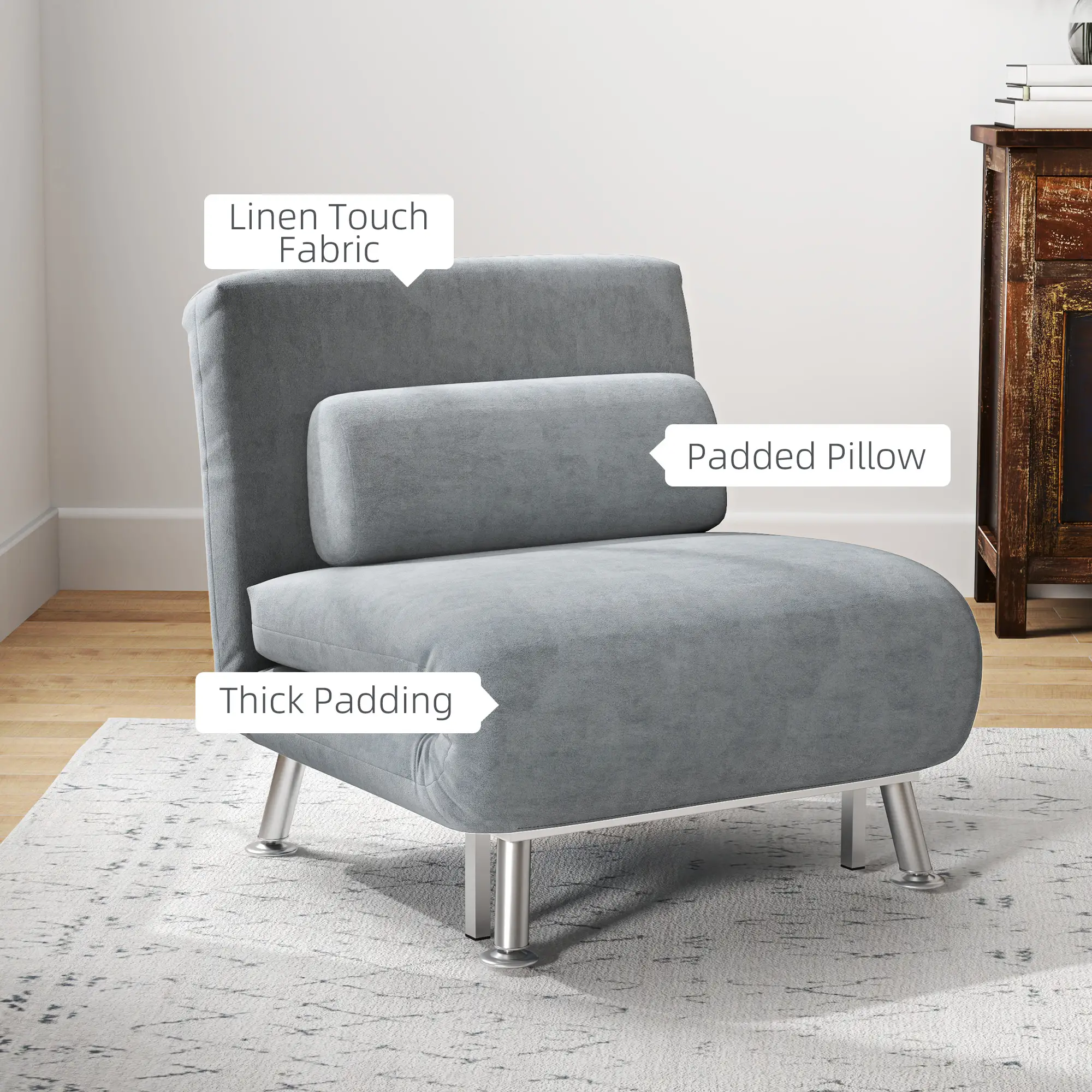 Velvet Sofa Bed 75 x 70 x 75cm - Grey - 6