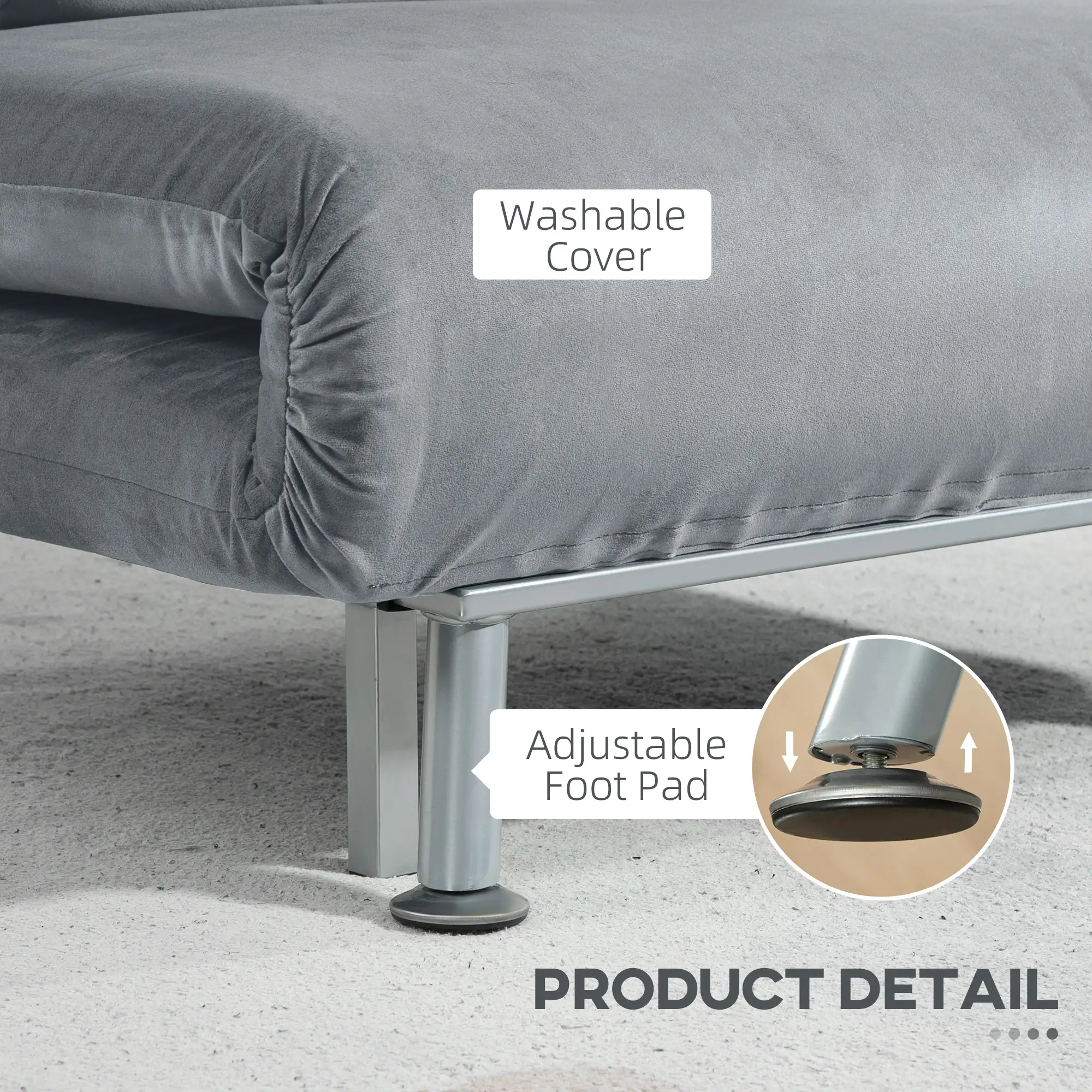Velvet Sofa Bed 75 x 70 x 75cm - Grey - 7