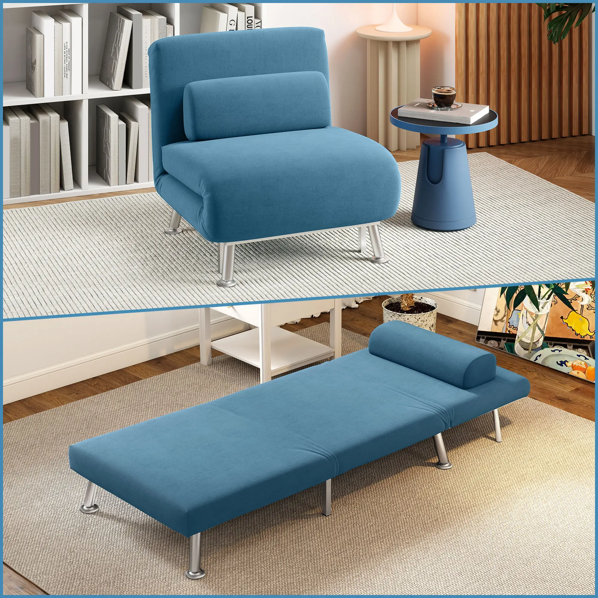 Velvet Sofa Bed 75 x 70 x 75cm - Blue - 2