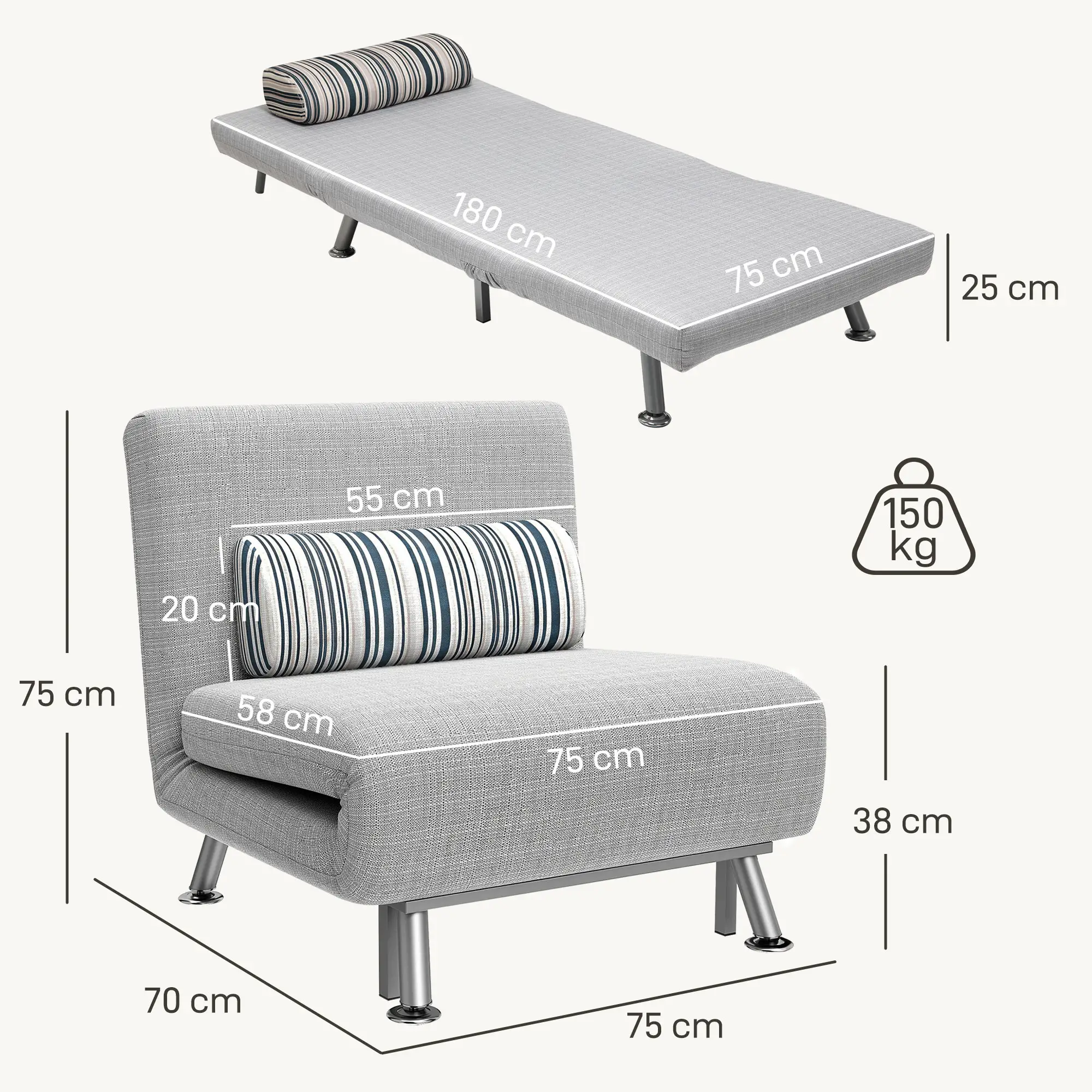 Linen Sofa Bed 75 x 70 x 75cm - Light Grey - 3