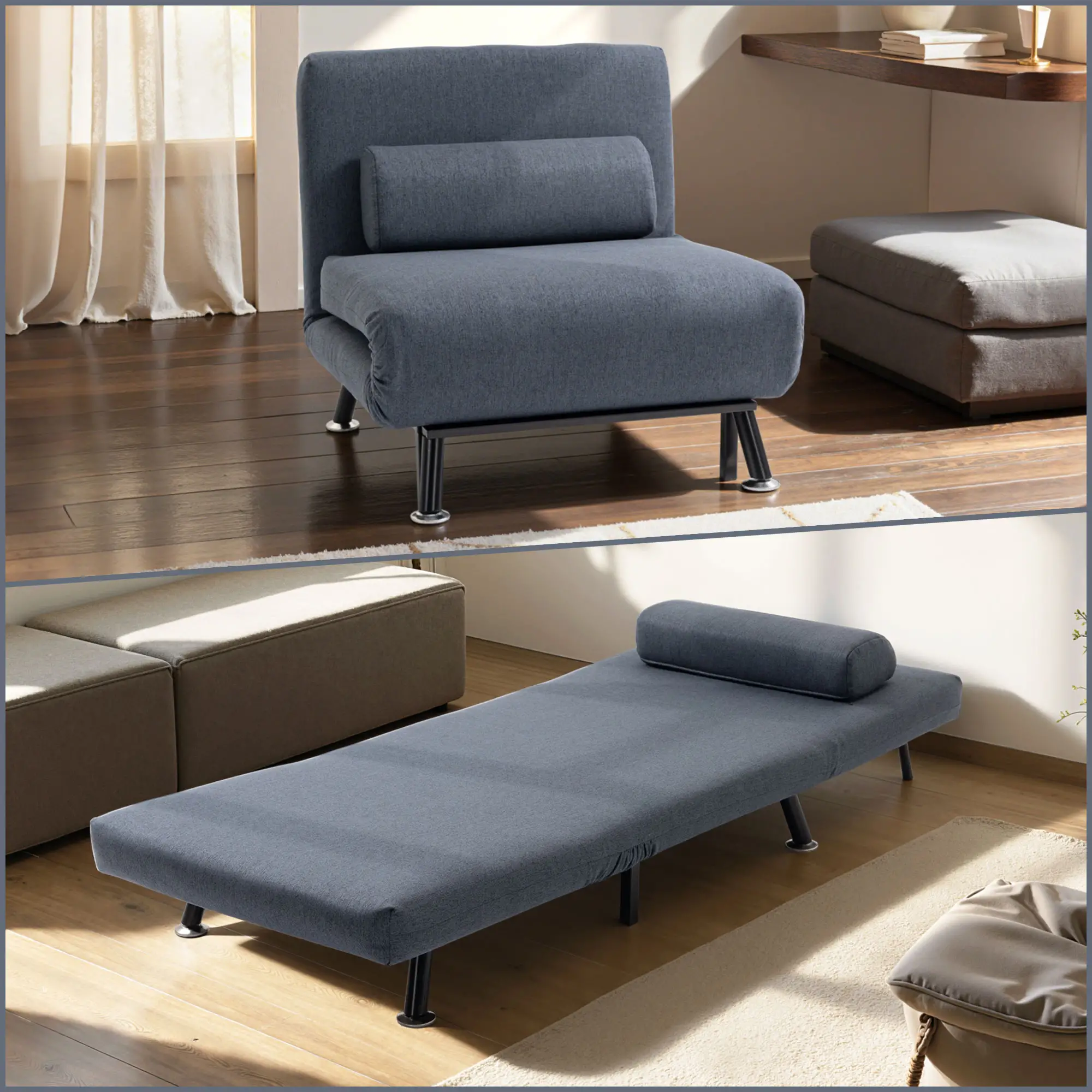 Linen Sofa Bed 75 x 70 x 75cm - Dark Grey, Black - 3