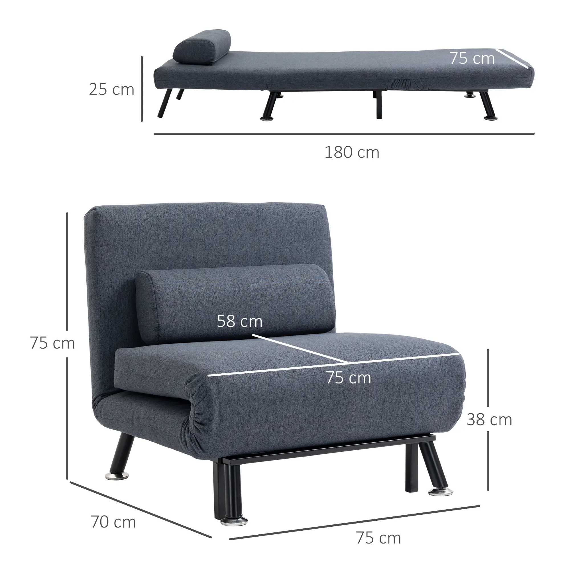 Linen Sofa Bed 75 x 70 x 75cm - Dark Grey, Black - 4