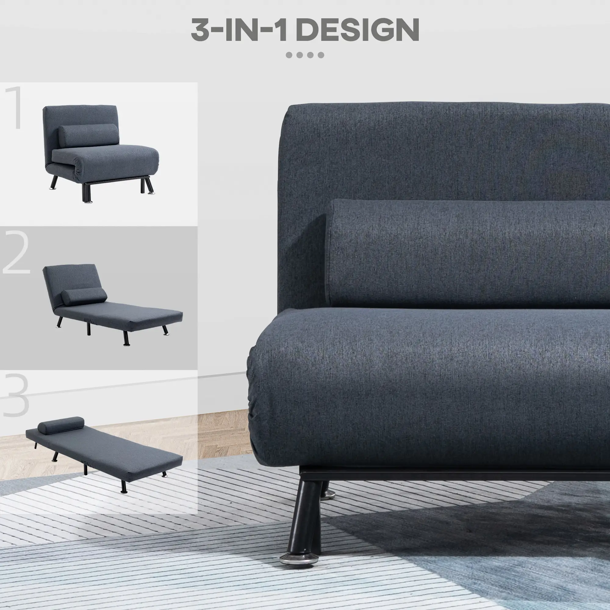 Linen Sofa Bed 75 x 70 x 75cm - Dark Grey, Black - 5