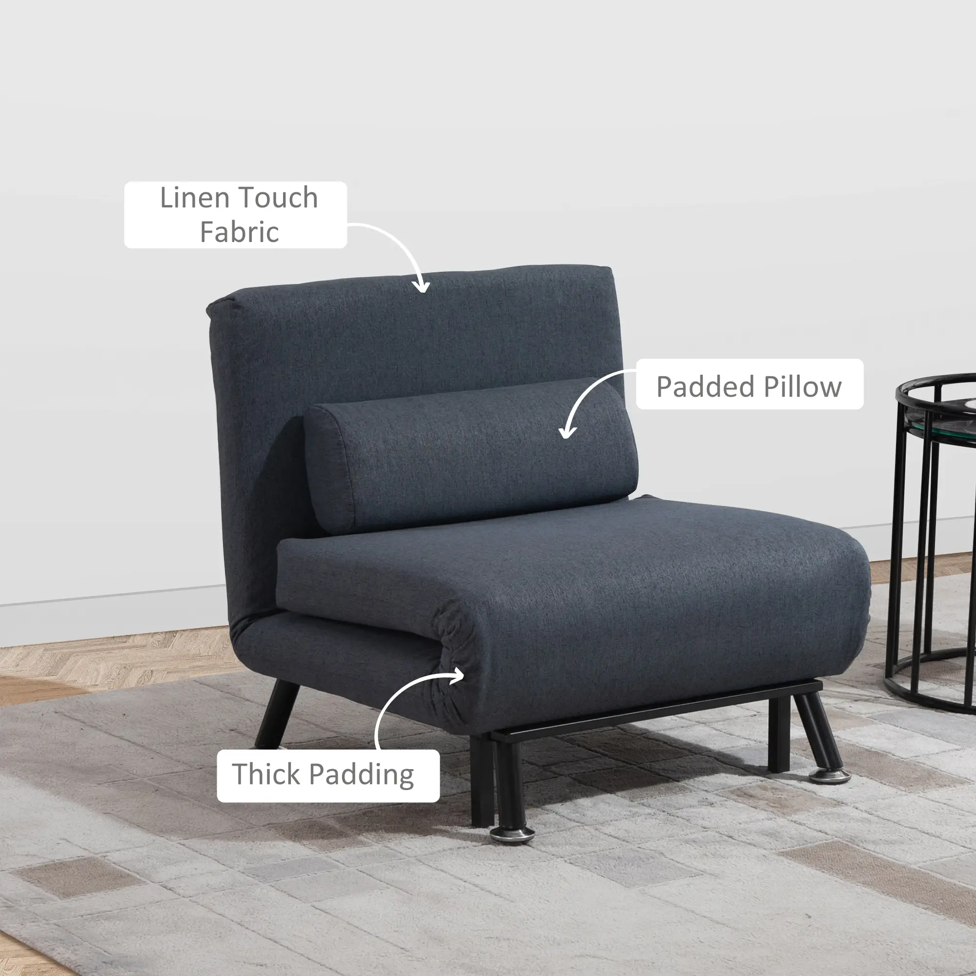 Linen Sofa Bed 75 x 70 x 75cm - Dark Grey, Black - 7