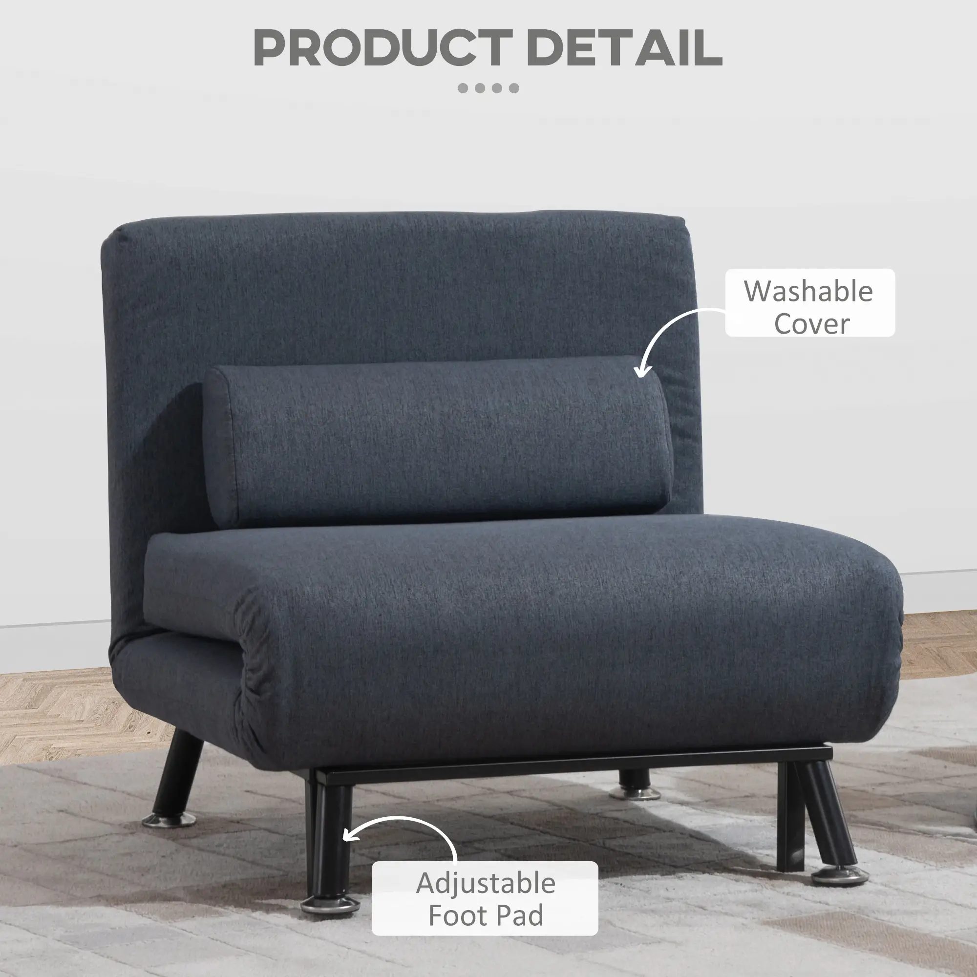 Linen Sofa Bed 75 x 70 x 75cm - Dark Grey, Black - 8
