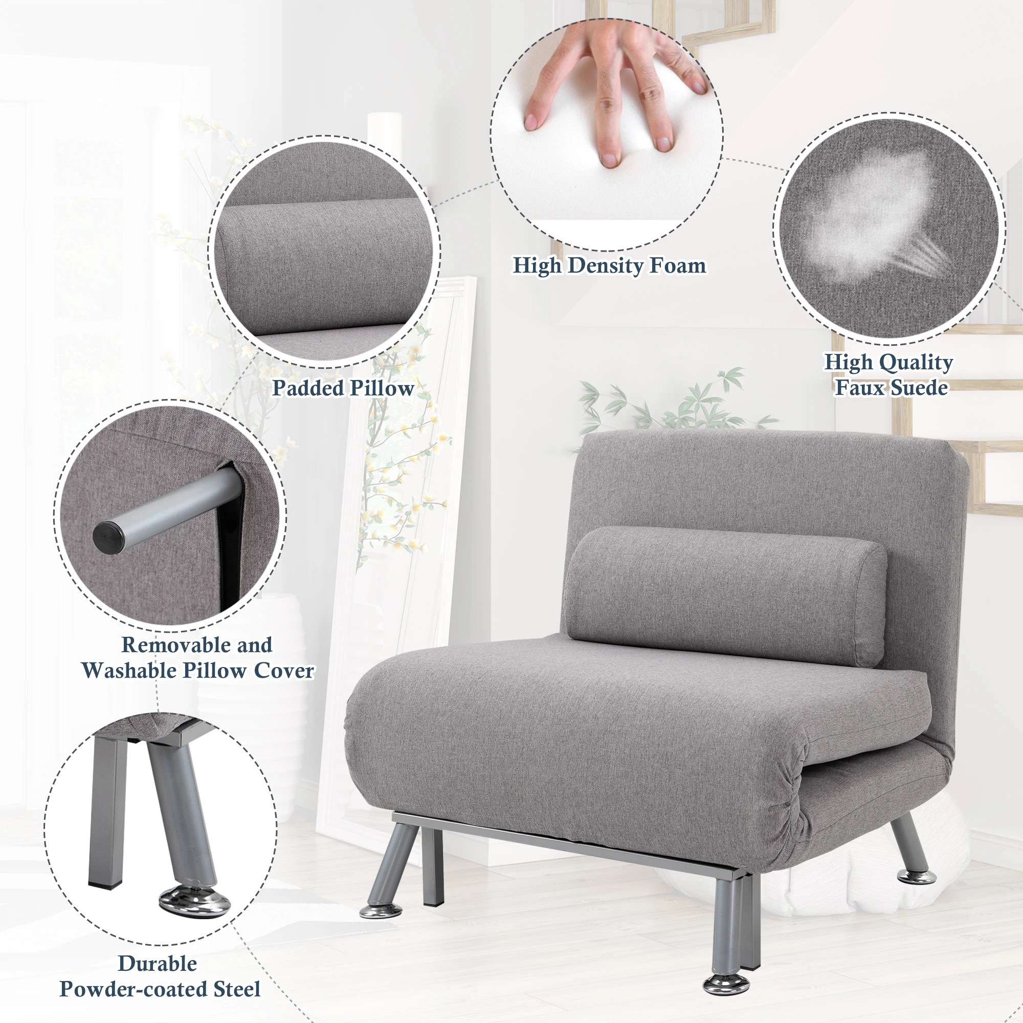 Linen Sofa Bed 75 x 70 x 75cm - Grey - 5