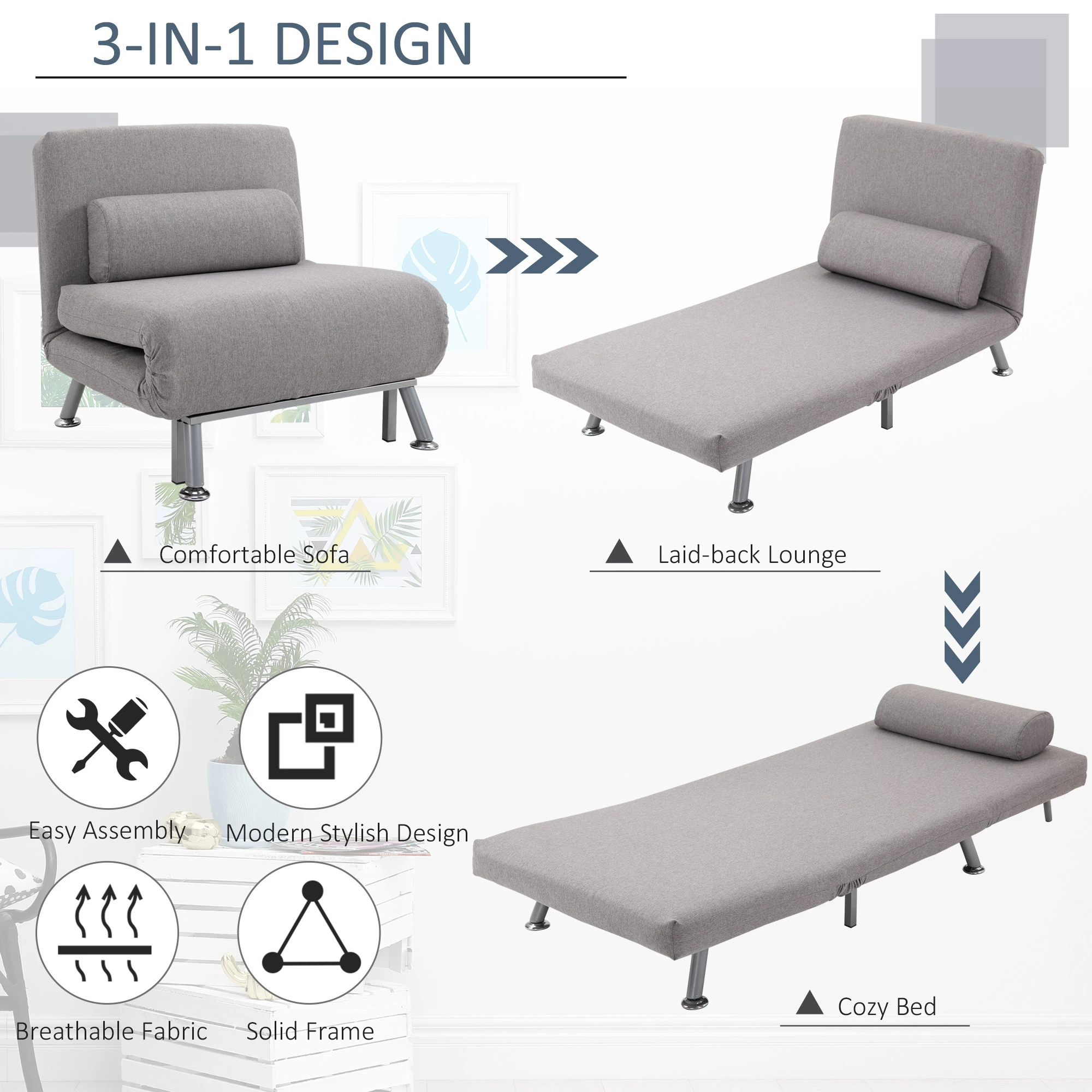 Linen Sofa Bed 75 x 70 x 75cm - Grey - 7