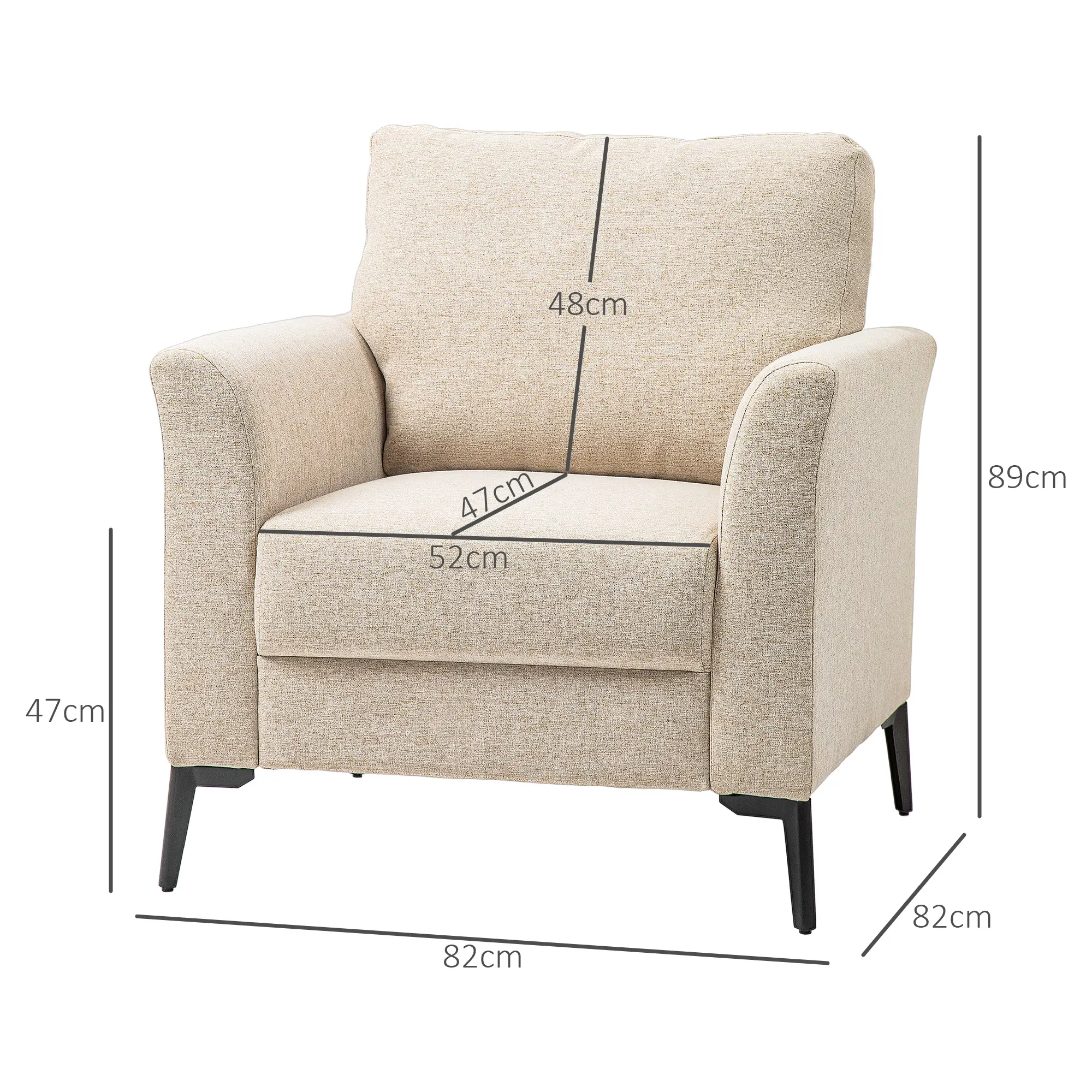 Linen Armchair 82 x 82 x 89cm, Beige - Beige - 3