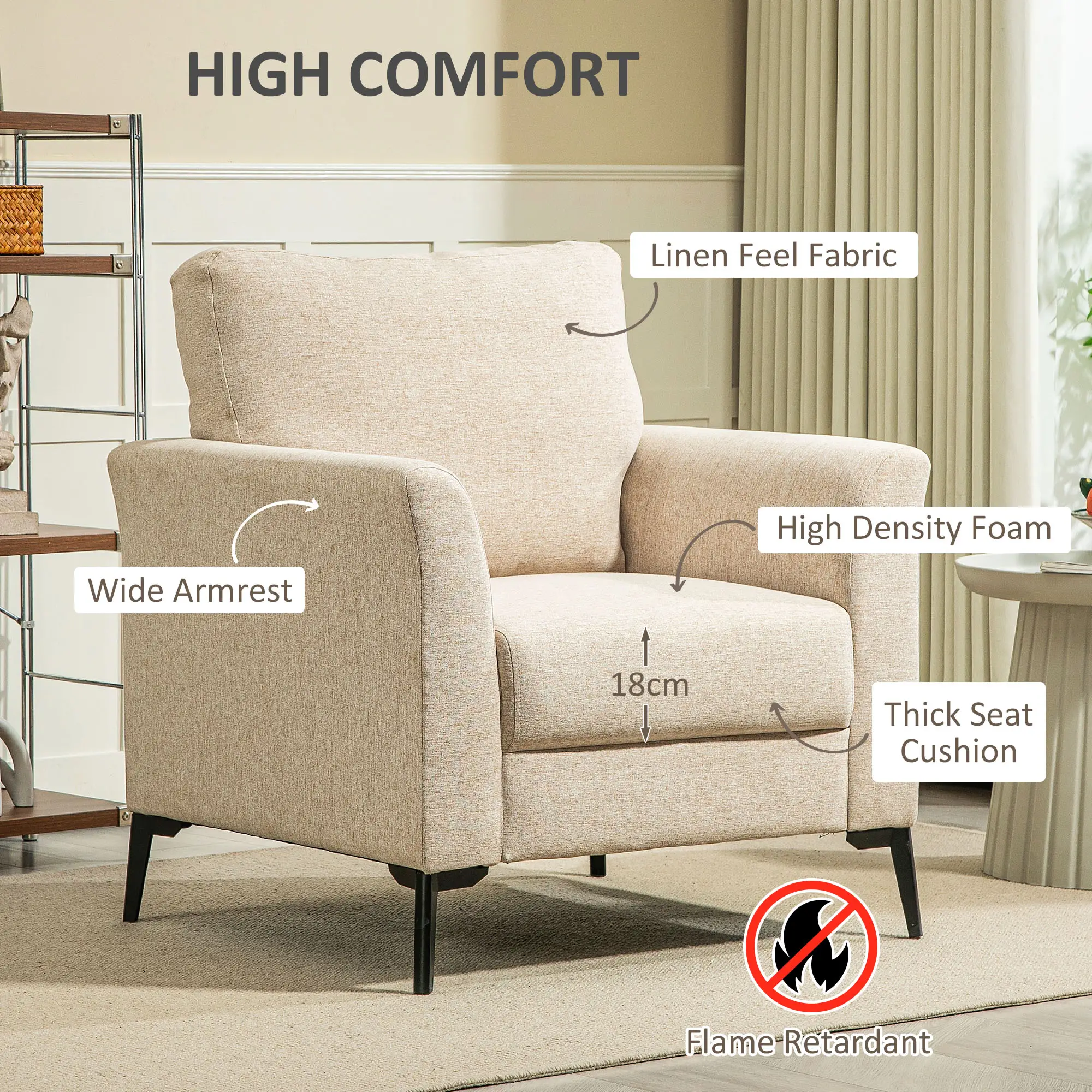Linen Armchair 82 x 82 x 89cm, Beige - Beige - 4