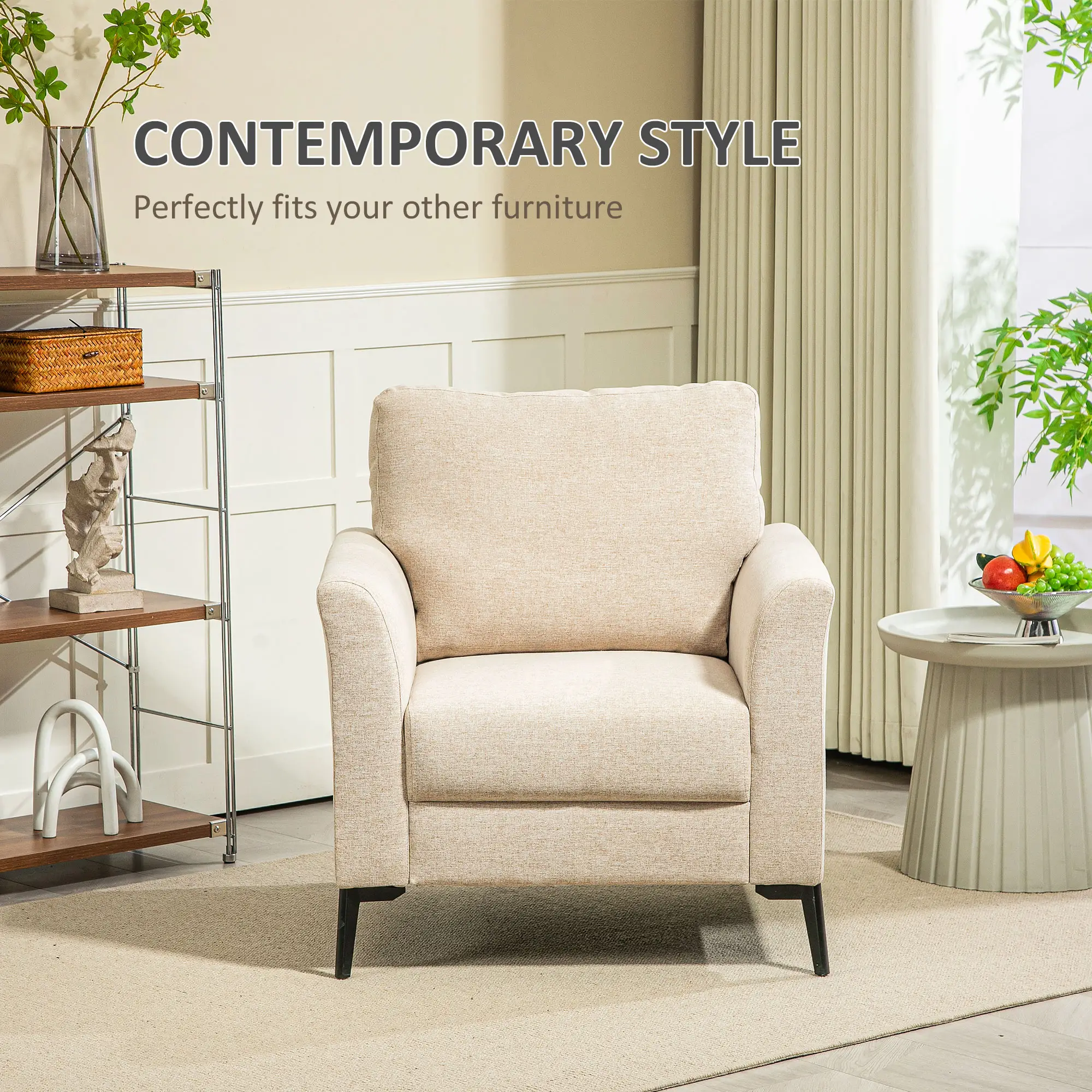 Linen Armchair 82 x 82 x 89cm, Beige - Beige - 5
