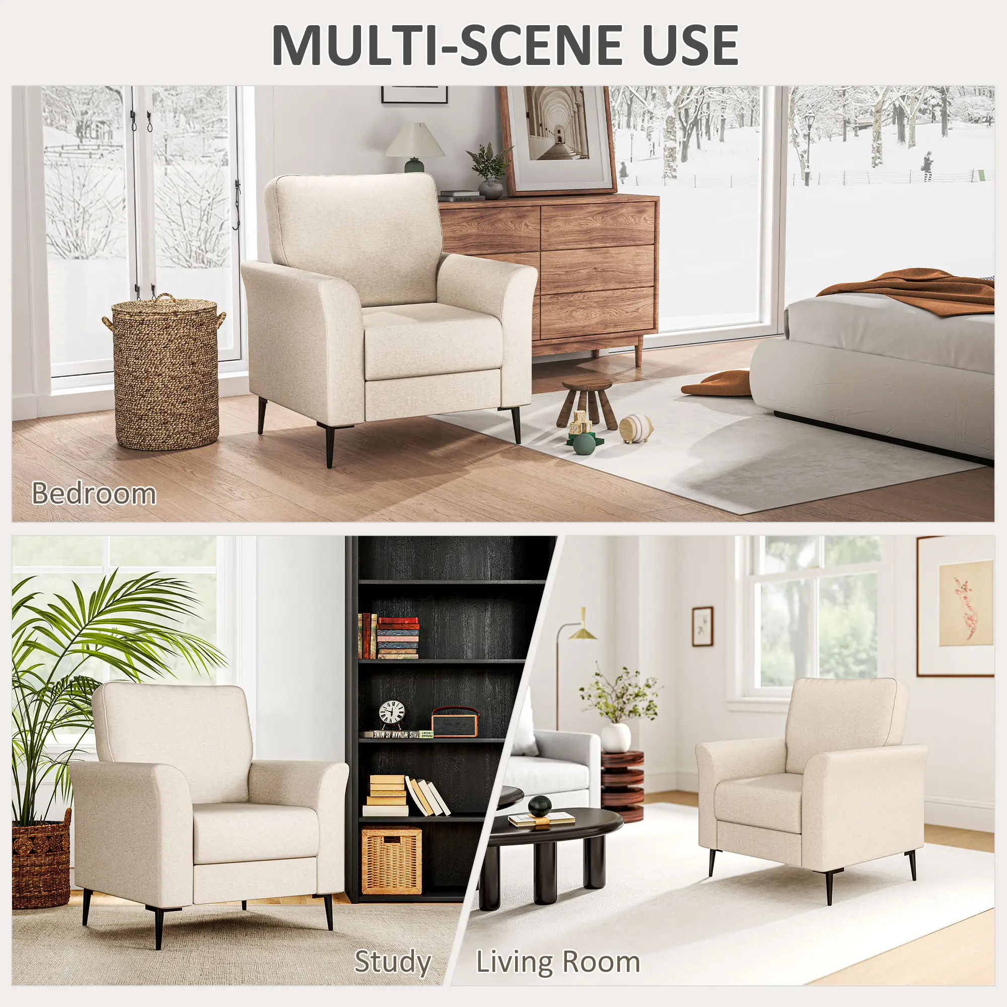 Linen Armchair 82 x 82 x 89cm, Beige - Beige - 7
