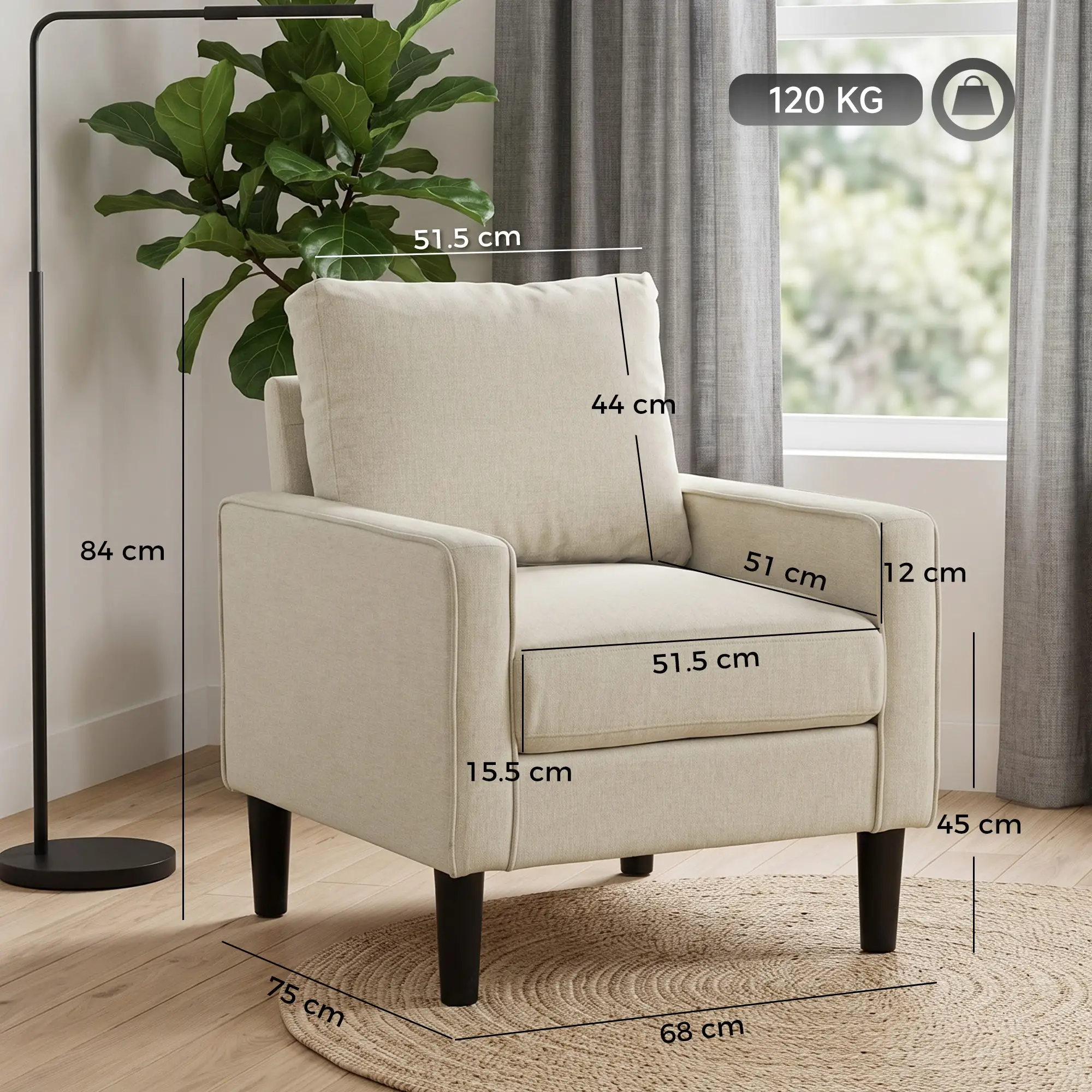 Linen Armchair 68 x 75 x 84cm - Cream, Black - 3