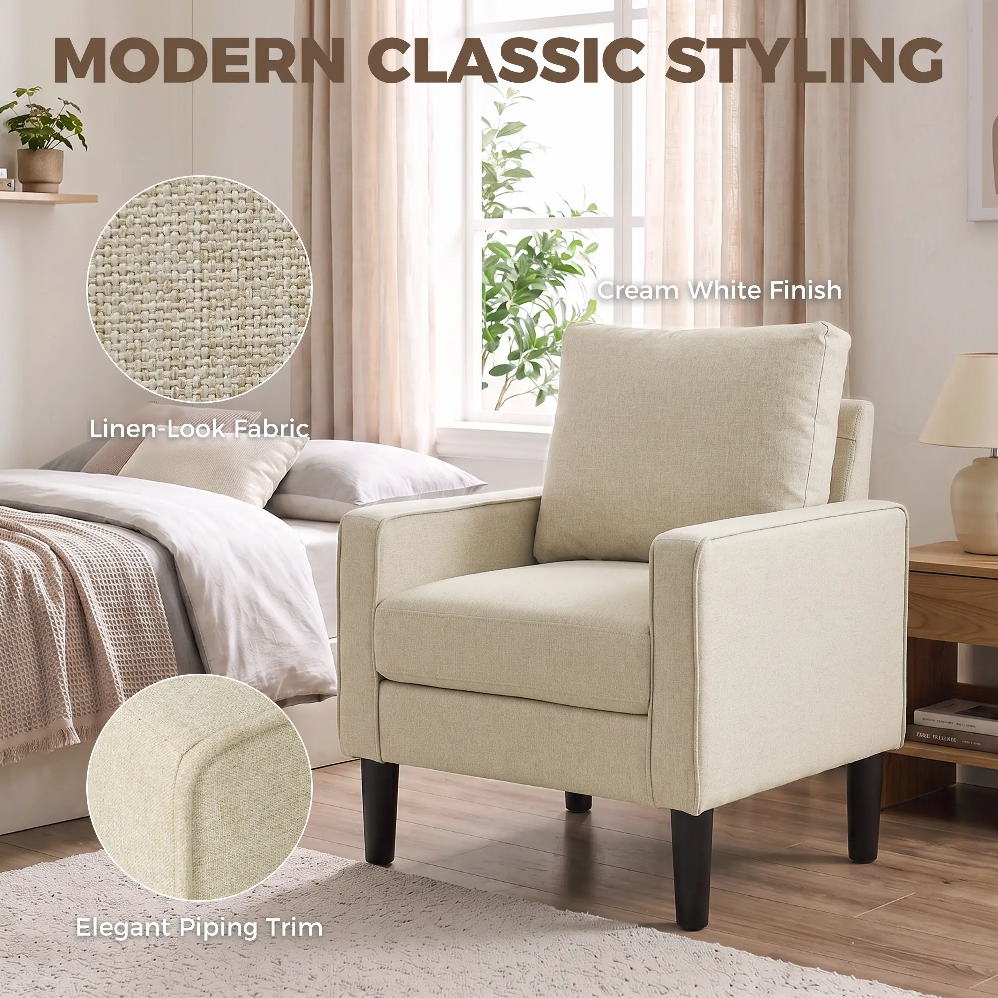 Linen Armchair 68 x 75 x 84cm - Cream, Black - 6