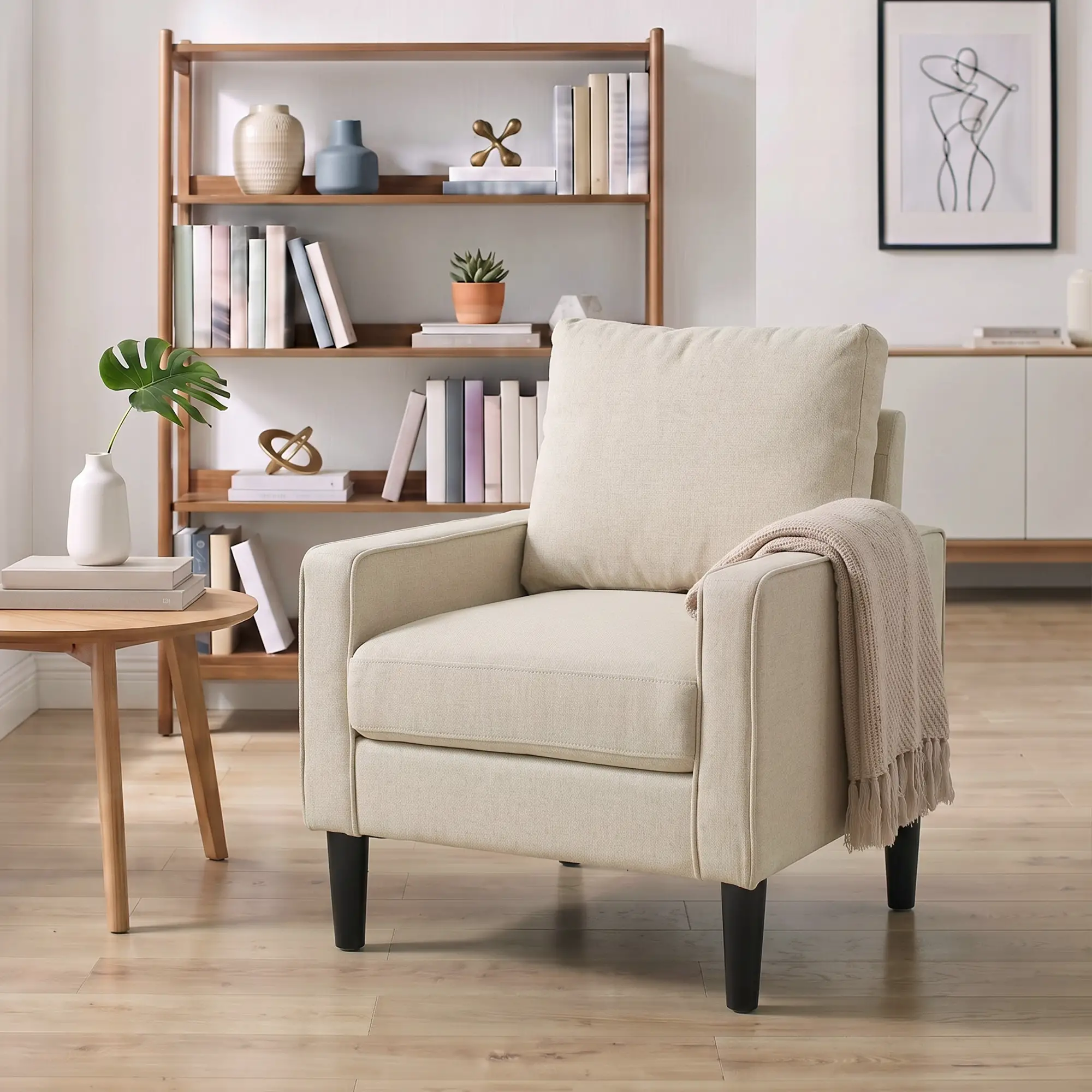 Linen Armchair 68 x 75 x 84cm - Cream, Black - 9