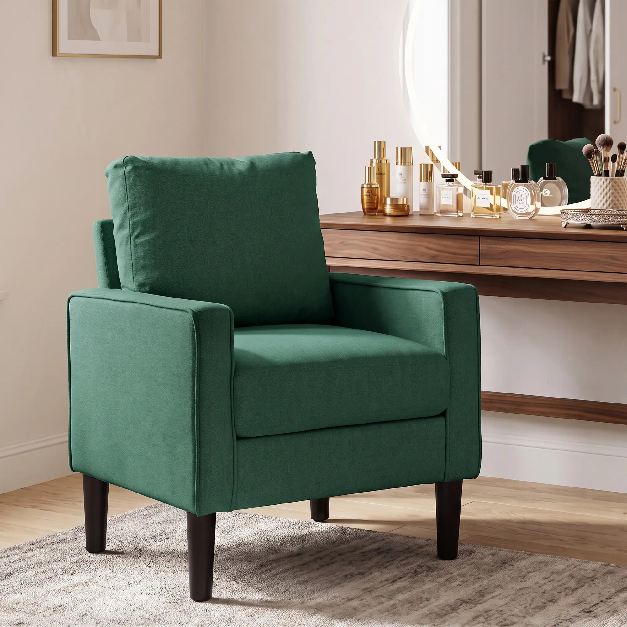 Linen Armchair 68 x 75 x 84cm - Dark Green, Black - 2
