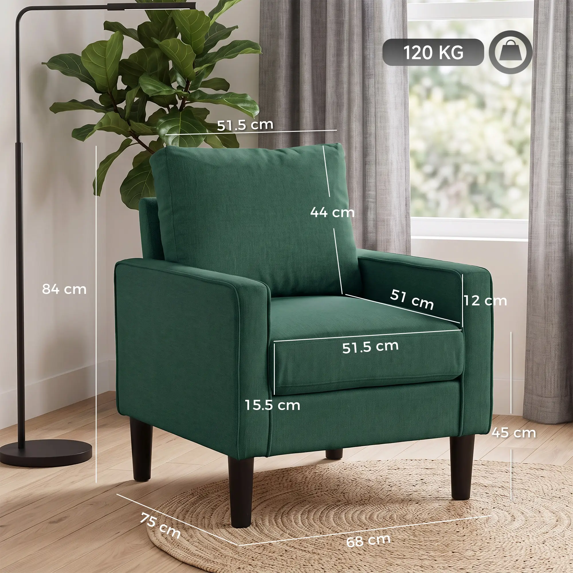 Linen Armchair 68 x 75 x 84cm - Dark Green, Black - 3