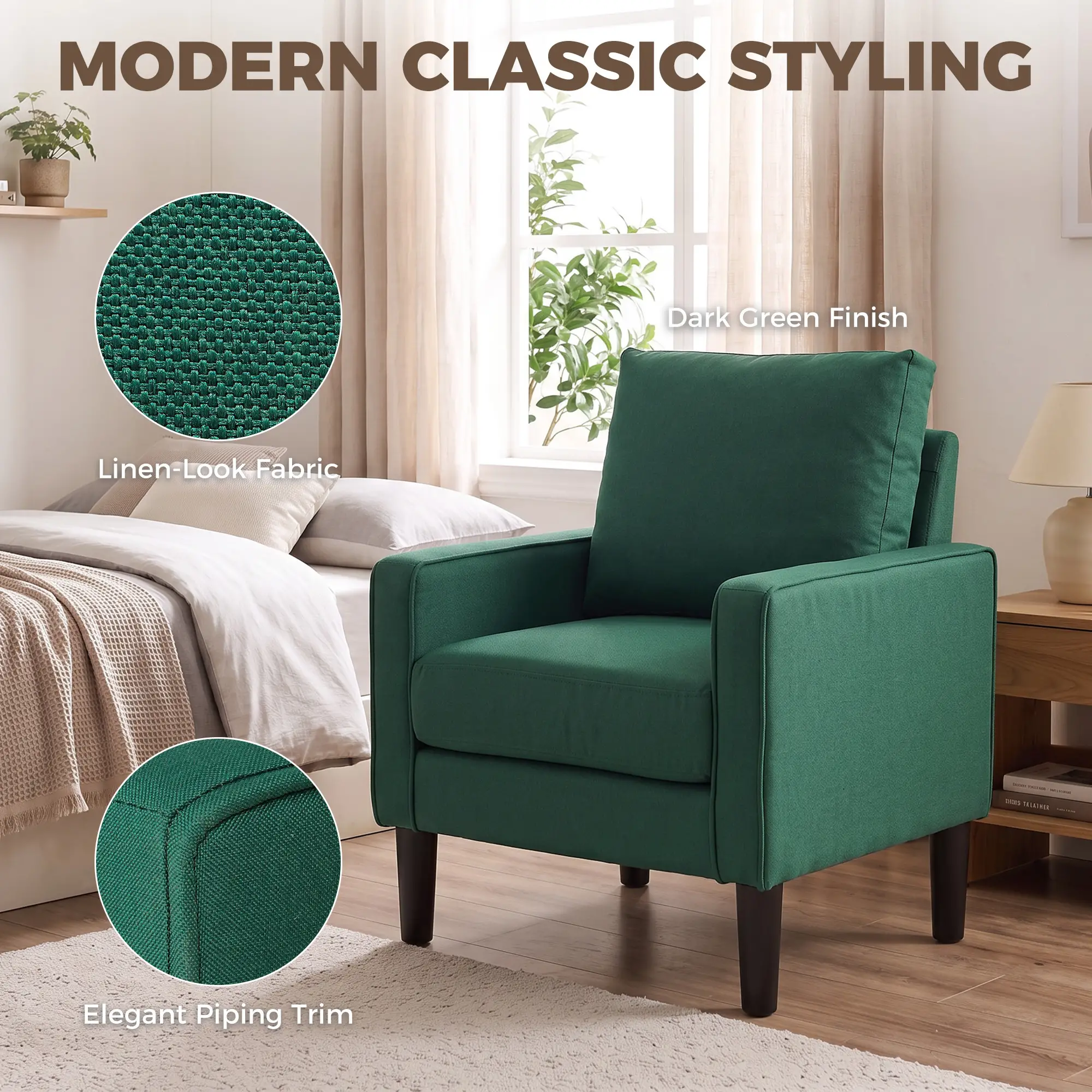 Linen Armchair 68 x 75 x 84cm - Dark Green, Black - 6