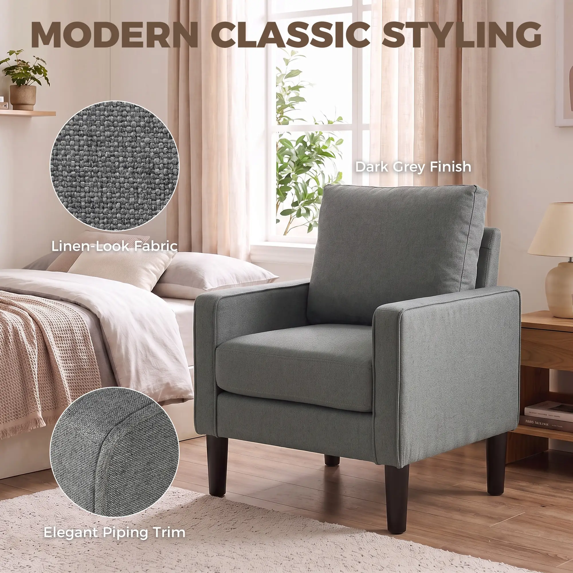 Linen Armchair 68 x 75 x 84cm - Dark Grey, Black - 6