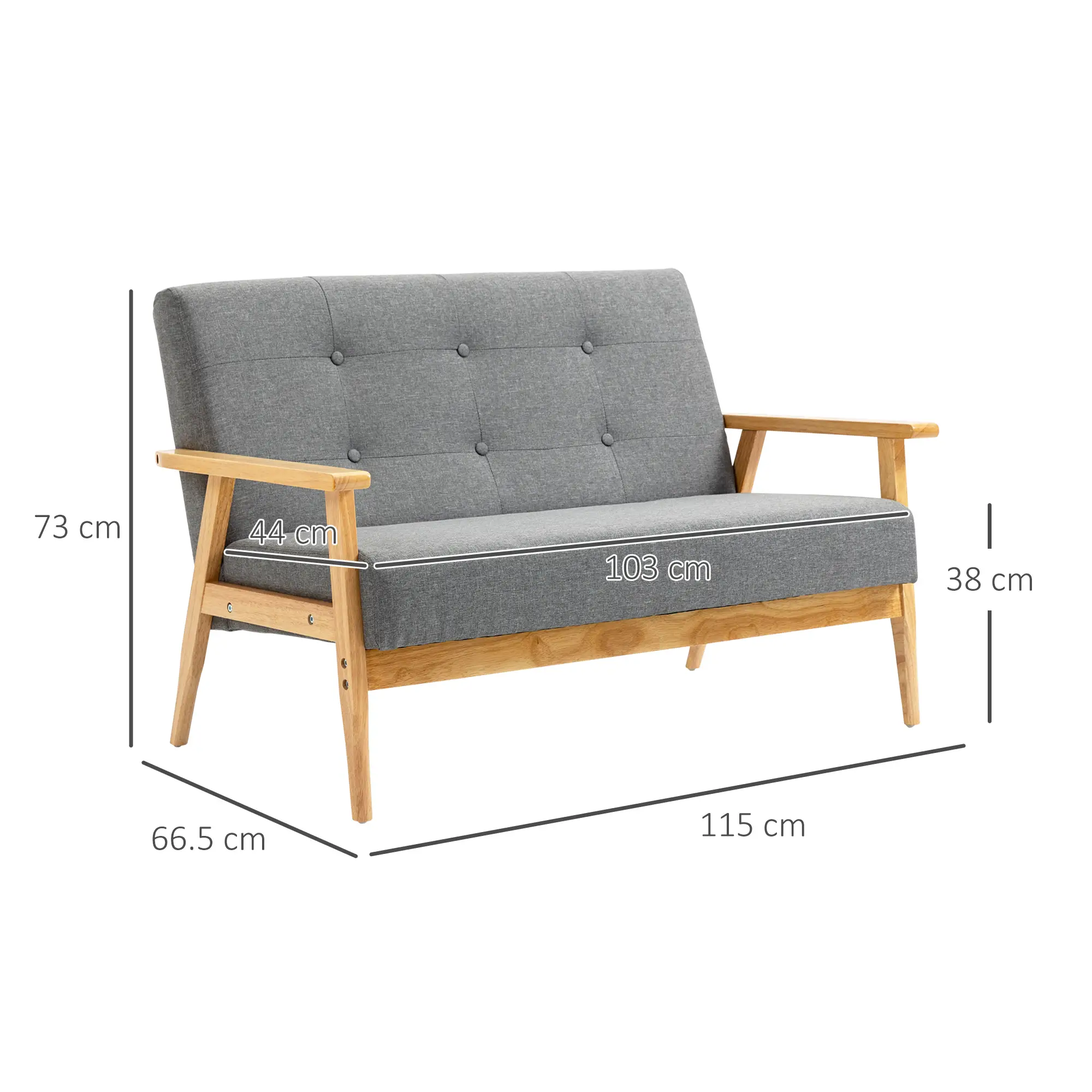 2 Seater Linen Sofa 115 x 66.5 x 73cm, Dark Grey - Dark Grey - 3