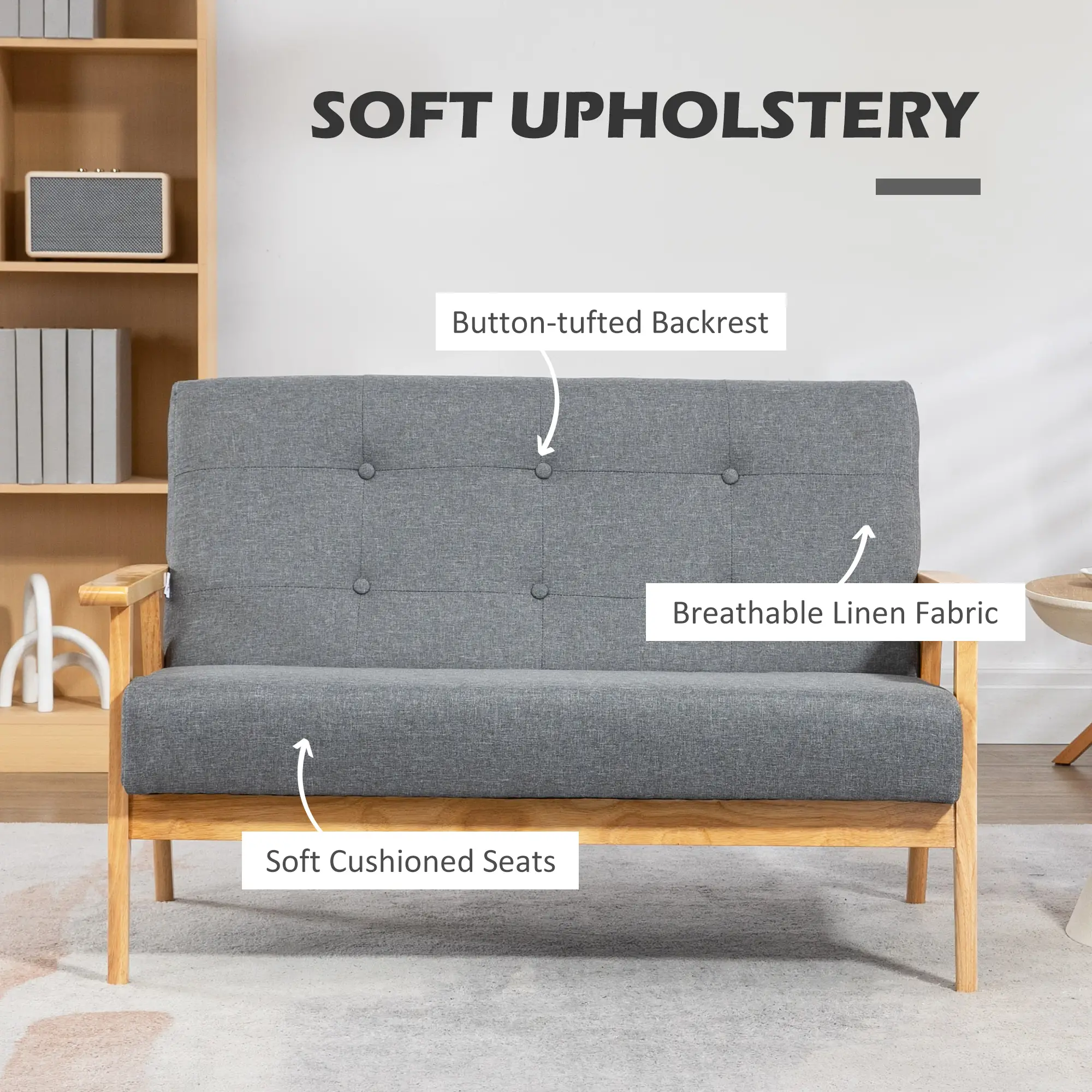 2 Seater Linen Sofa 115 x 66.5 x 73cm, Dark Grey - Dark Grey - 4
