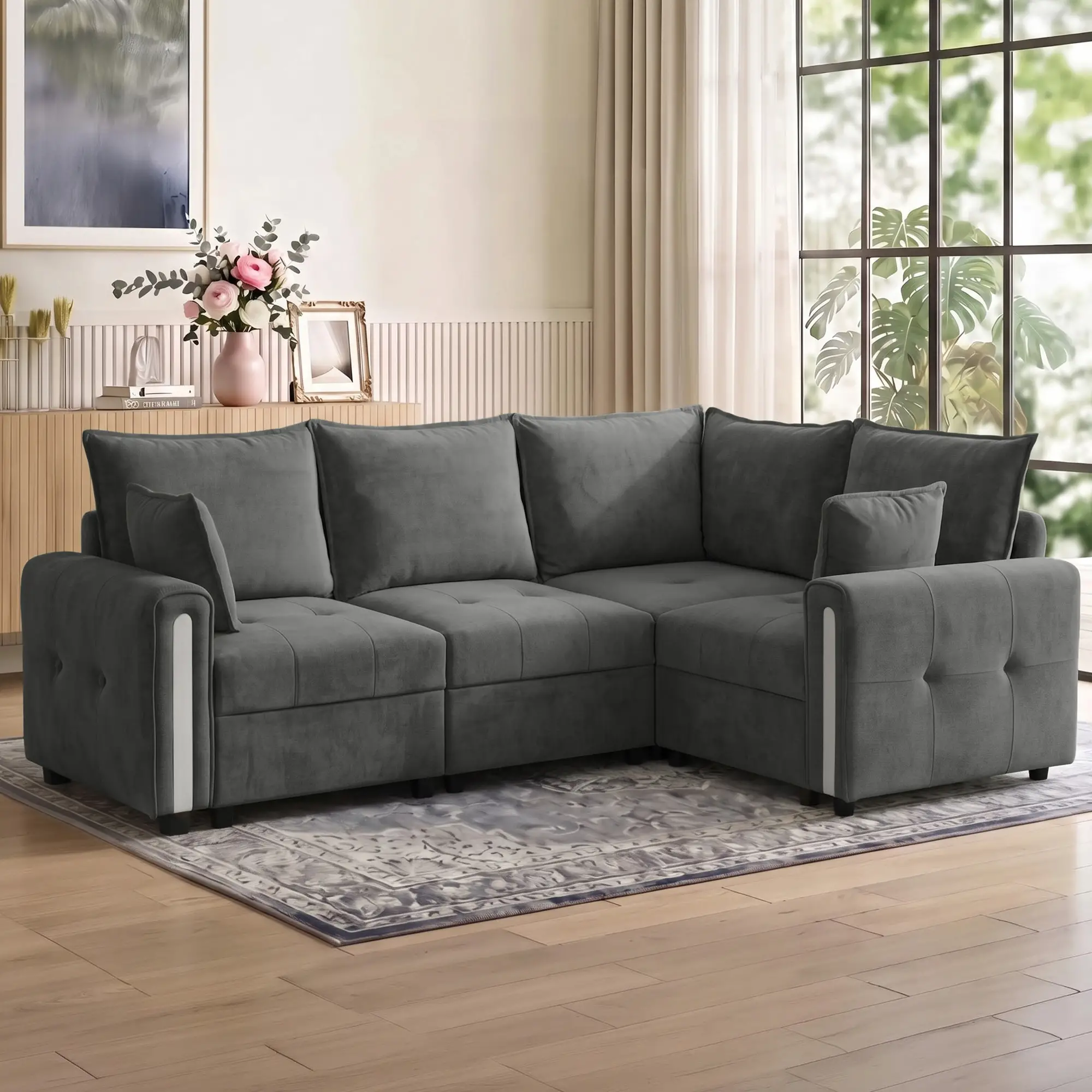 Corner 3 Seater Velvet Sofa 228 x 164 x 88cm, Dark Grey, Black - Dark Grey, Black - 2
