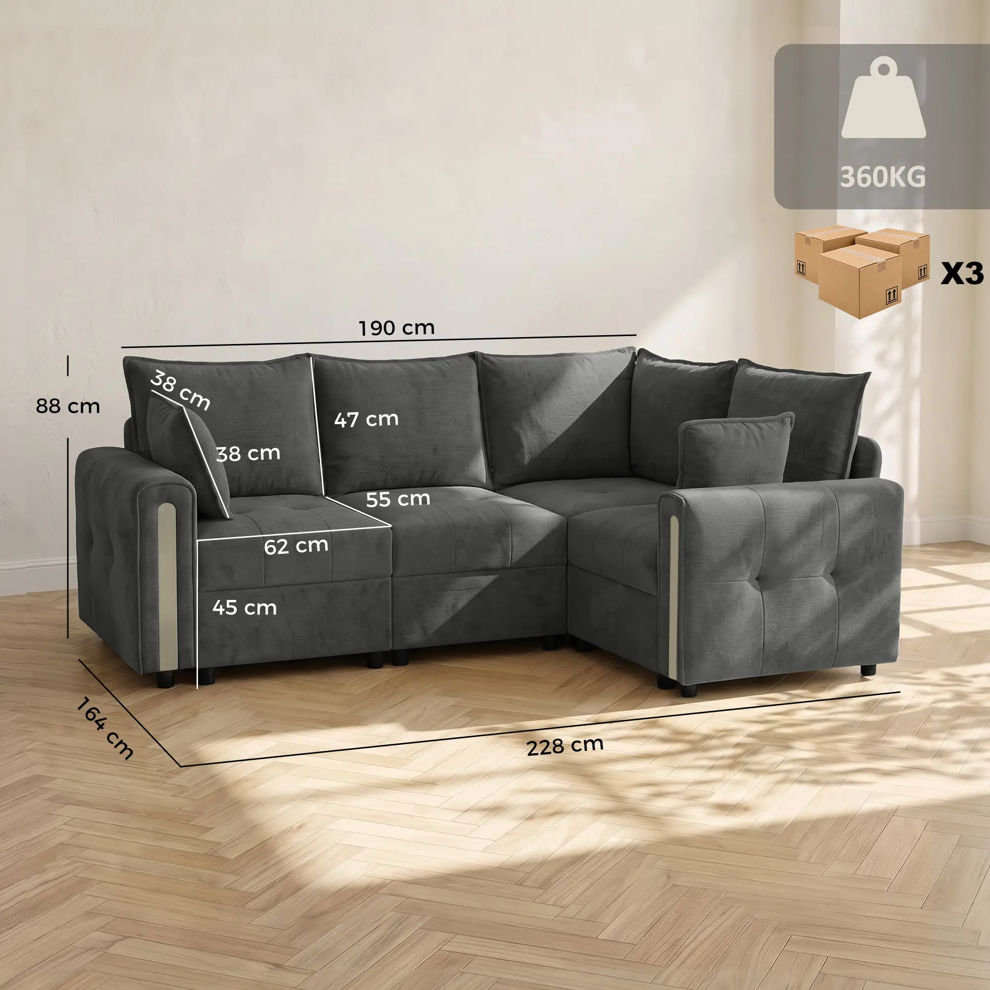 Corner 3 Seater Velvet Sofa 228 x 164 x 88cm, Dark Grey, Black - Dark Grey, Black - 3