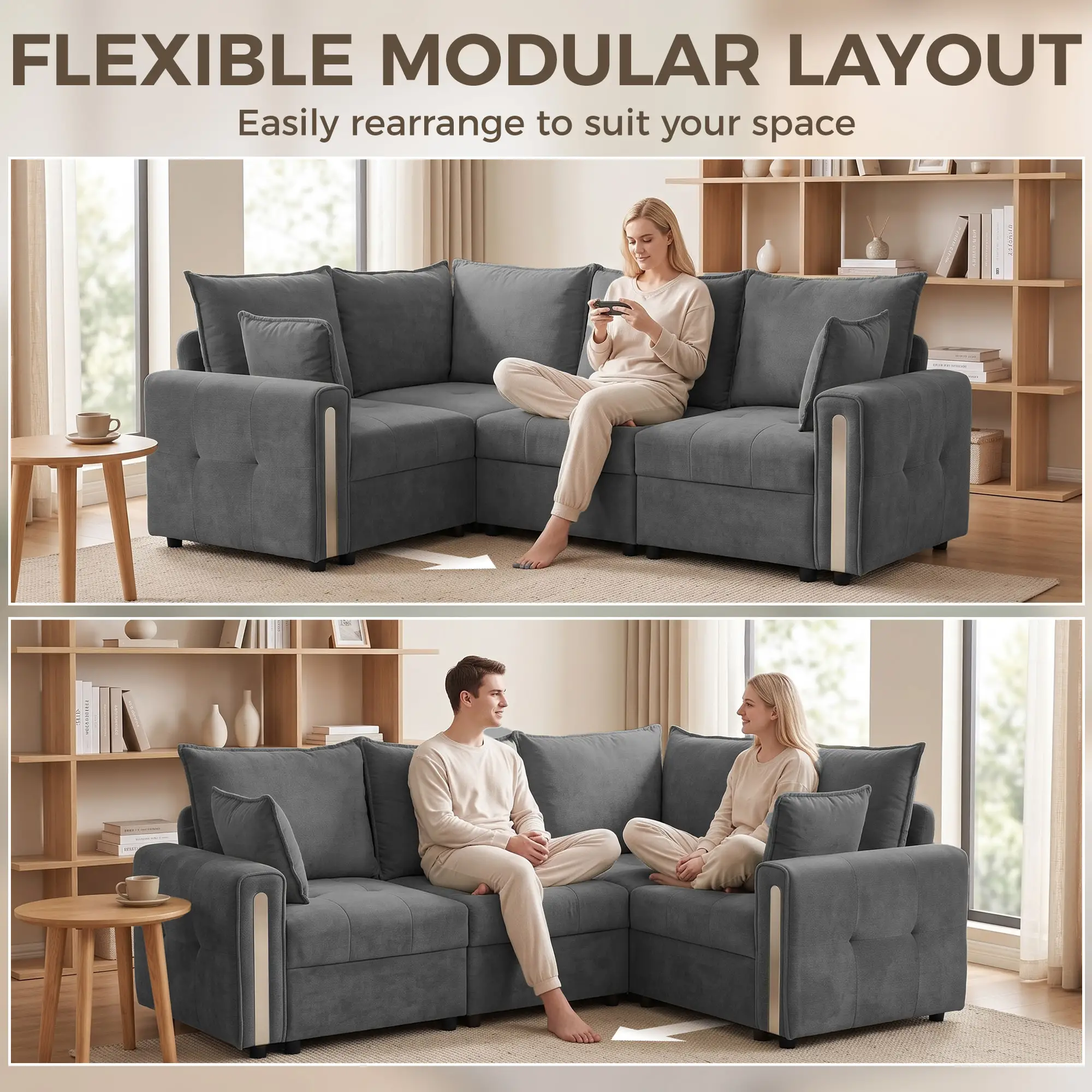 Corner 3 Seater Velvet Sofa 228 x 164 x 88cm, Dark Grey, Black - Dark Grey, Black - 4