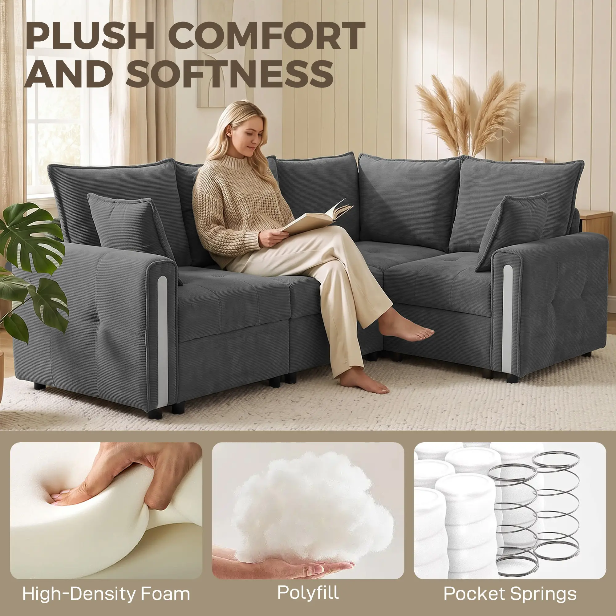 Corner 3 Seater Velvet Sofa 228 x 164 x 88cm, Dark Grey, Black - Dark Grey, Black - 5