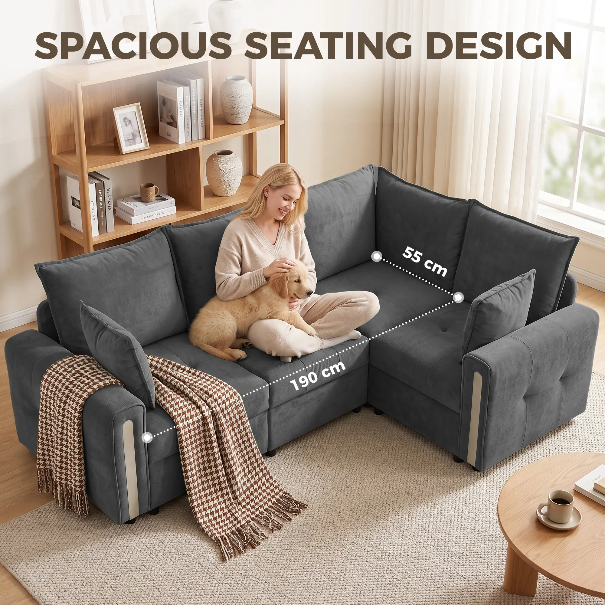 Corner 3 Seater Velvet Sofa 228 x 164 x 88cm, Dark Grey, Black - Dark Grey, Black - 7
