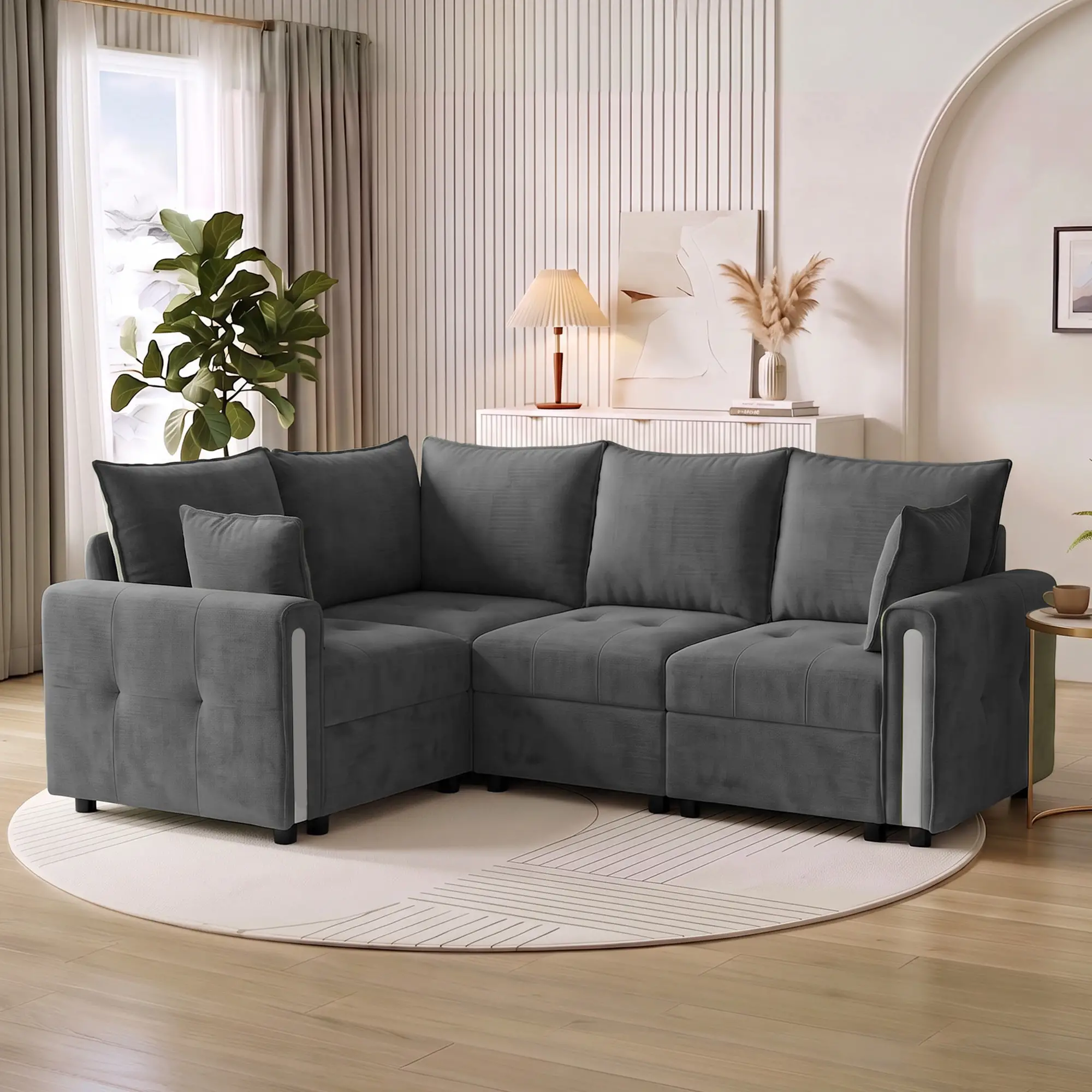 Corner 3 Seater Velvet Sofa 228 x 164 x 88cm, Dark Grey, Black - Dark Grey, Black - 9