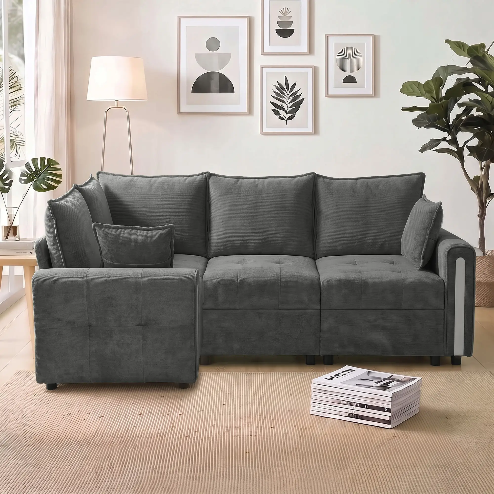 Corner 3 Seater Velvet Sofa 228 x 164 x 88cm, Dark Grey, Black - Dark Grey, Black - 14