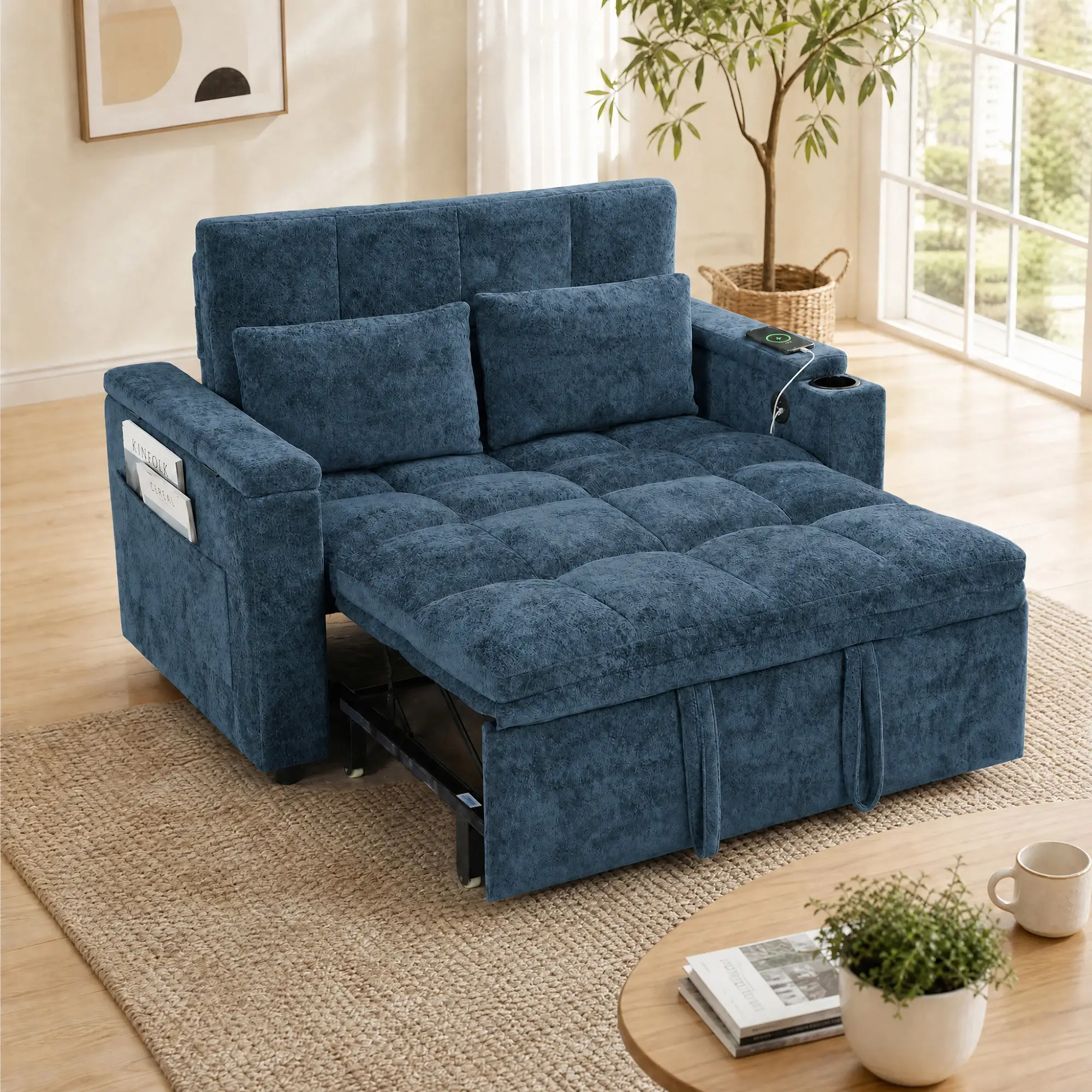 2 Seater Velvet Sofa Bed 137 x 91 x 95cm, Dark Blue - Dark Blue - 2