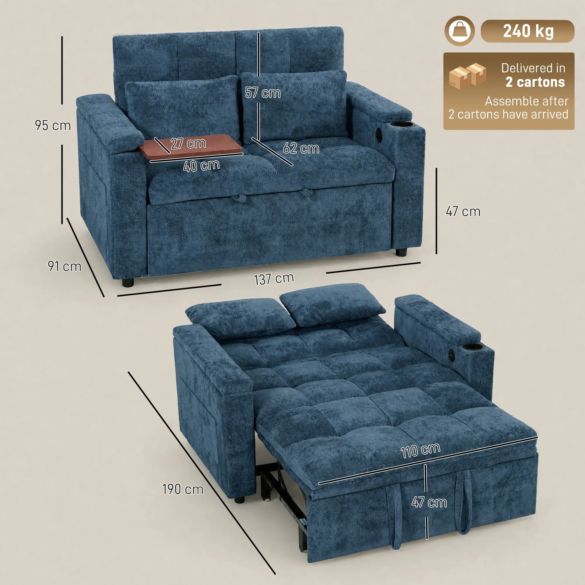 2 Seater Velvet Sofa Bed 137 x 91 x 95cm, Dark Blue - Dark Blue - 3