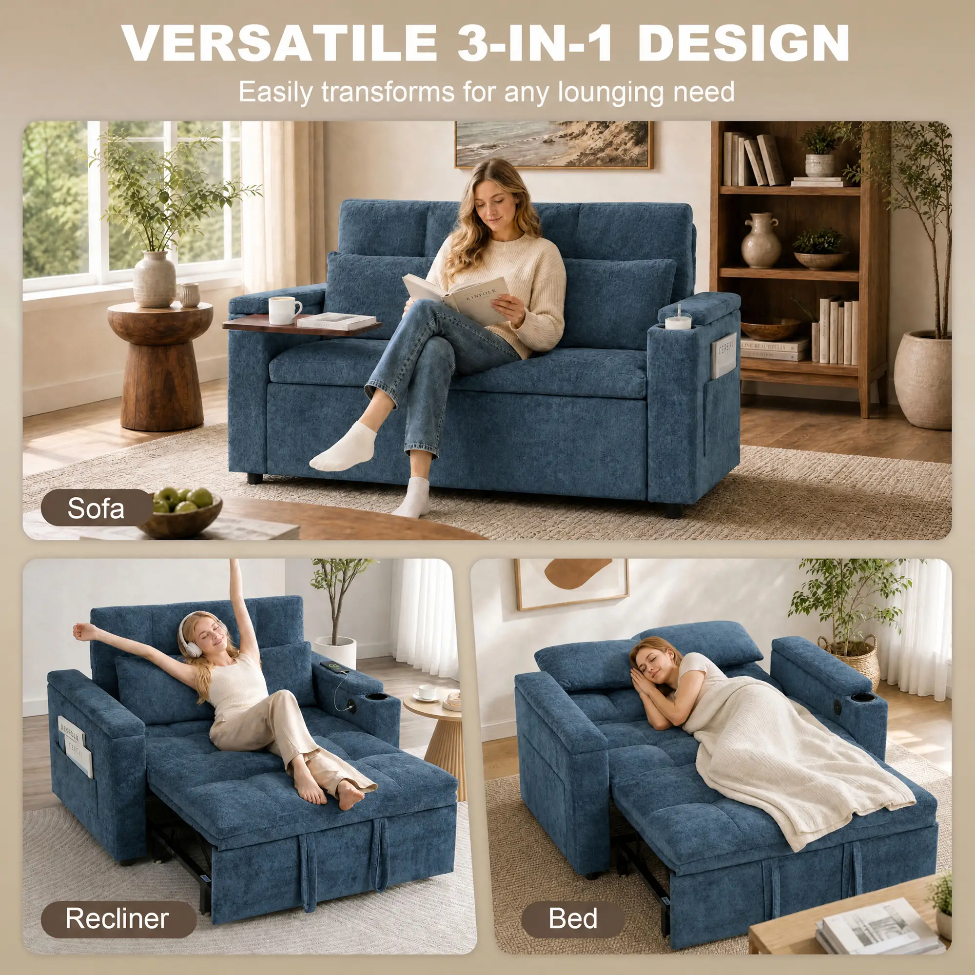 2 Seater Velvet Sofa Bed 137 x 91 x 95cm, Dark Blue - Dark Blue - 4