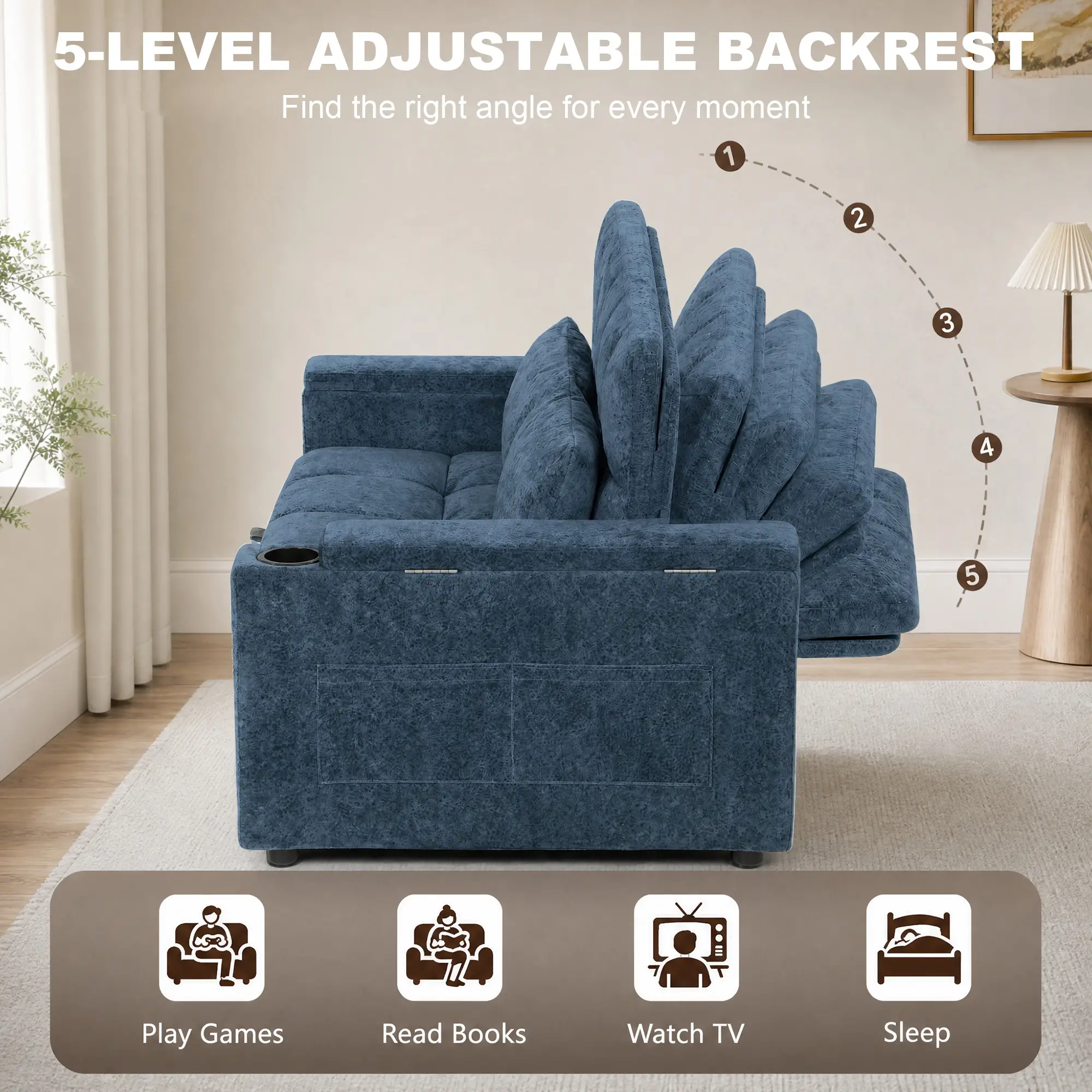 2 Seater Velvet Sofa Bed 137 x 91 x 95cm, Dark Blue - Dark Blue - 5