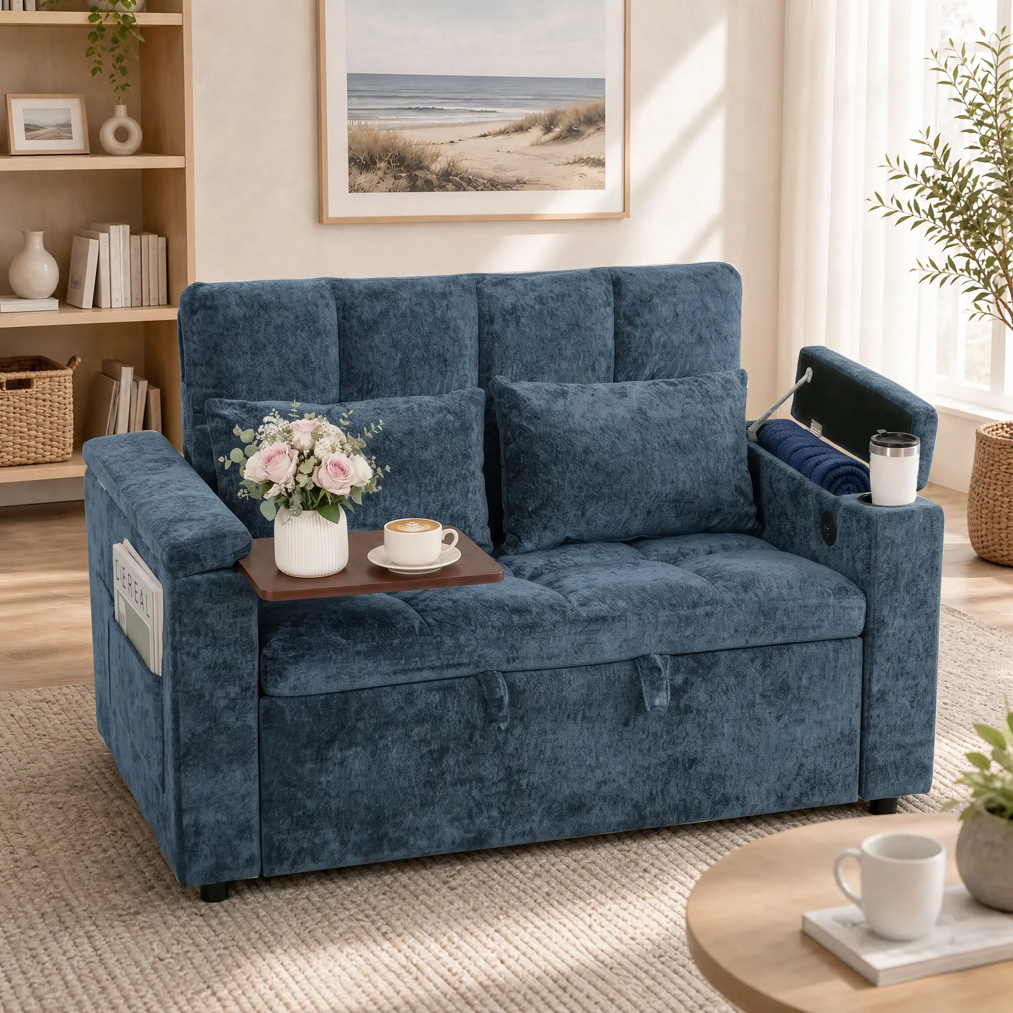 2 Seater Velvet Sofa Bed 137 x 91 x 95cm, Dark Blue - Dark Blue - 8