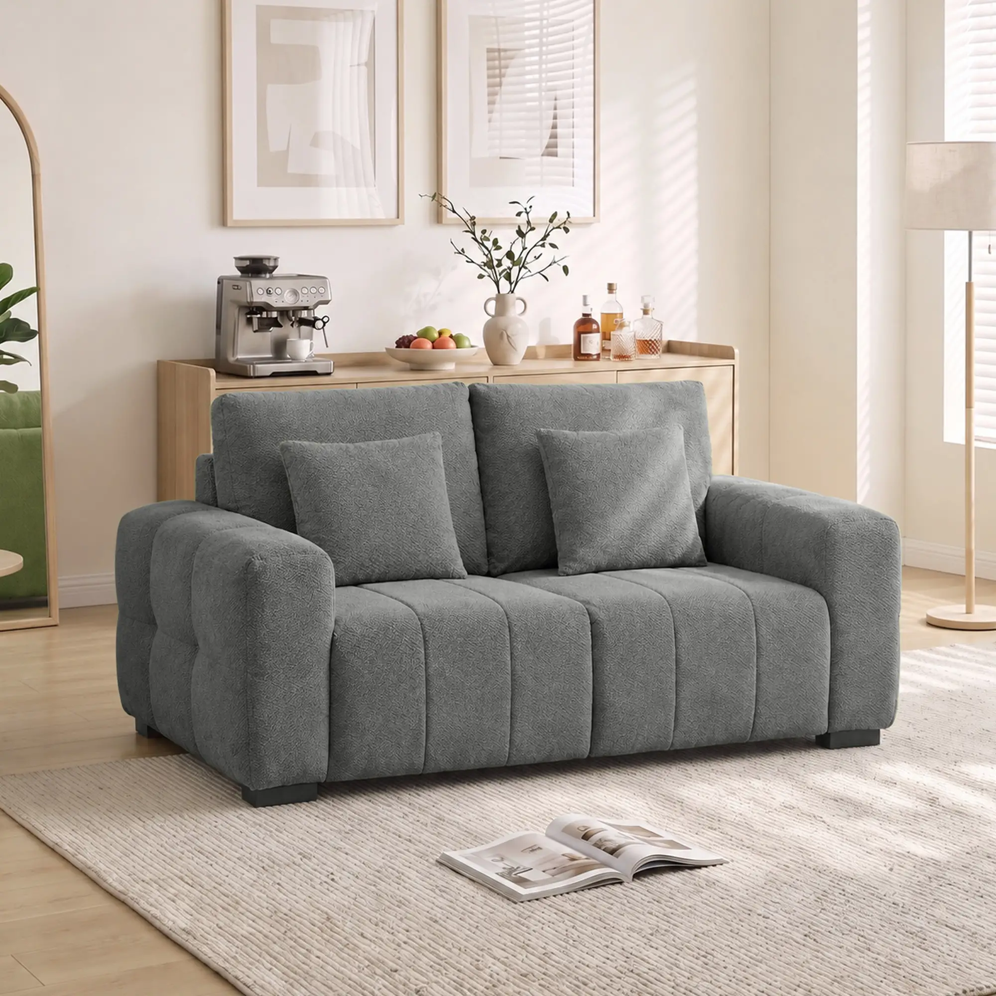 2 Seater Velvet Sofa 160 x 86 x 84cm, Grey - Grey - 2