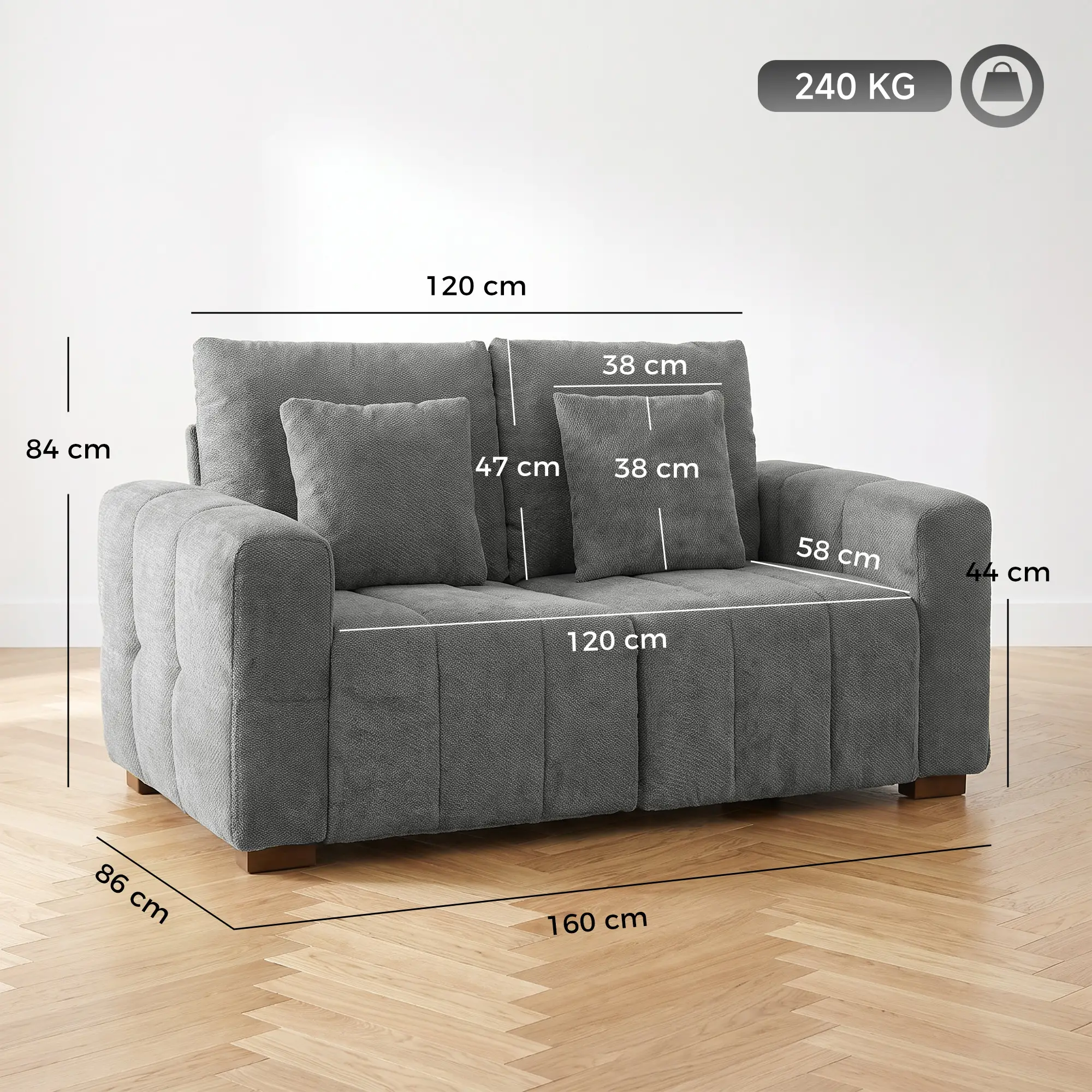 2 Seater Velvet Sofa 160 x 86 x 84cm, Grey - Grey - 3