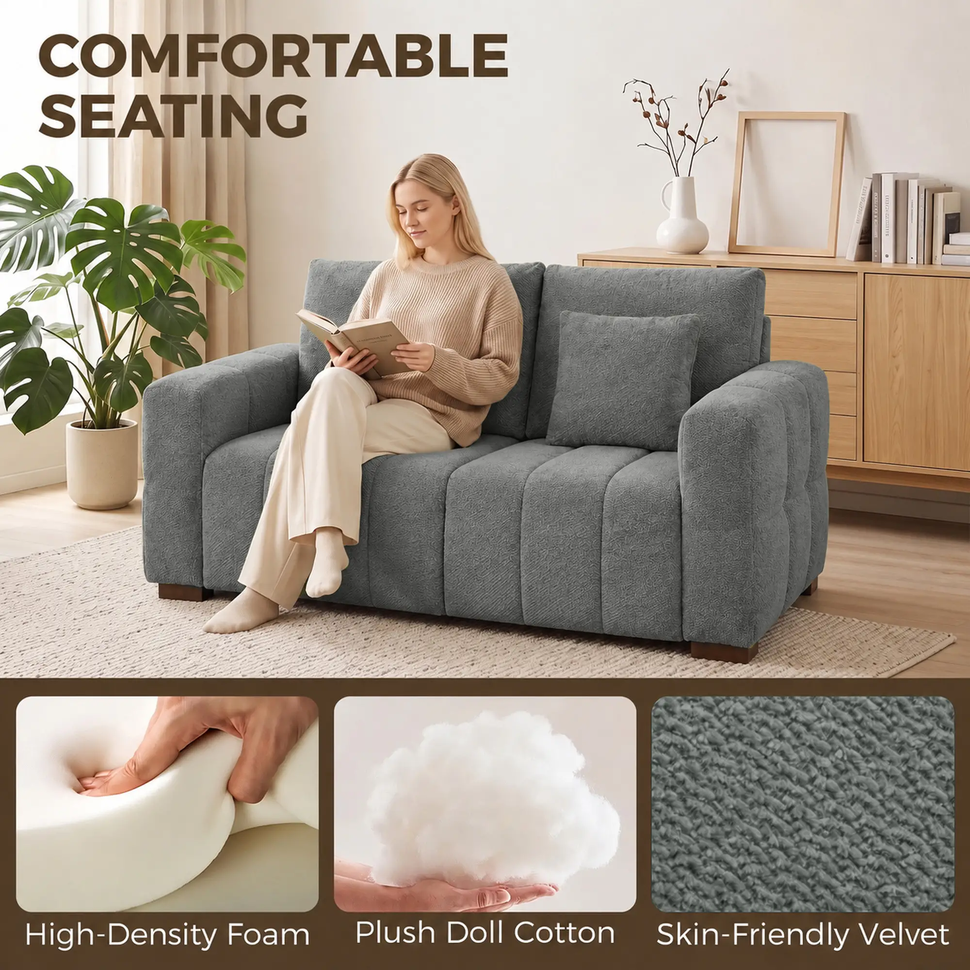 2 Seater Velvet Sofa 160 x 86 x 84cm, Grey - Grey - 5
