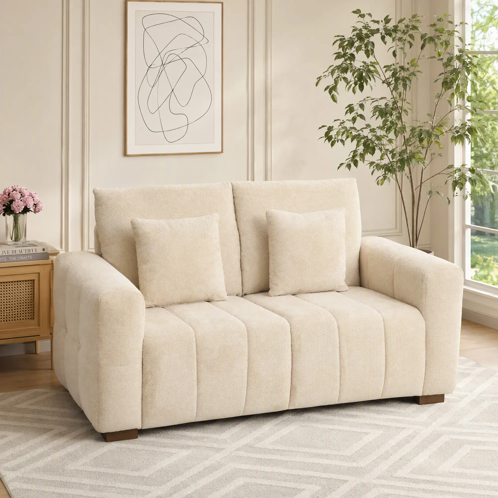 2 Seater Velvet Sofa 160 x 86 x 84cm, Cream White - Cream White - 2